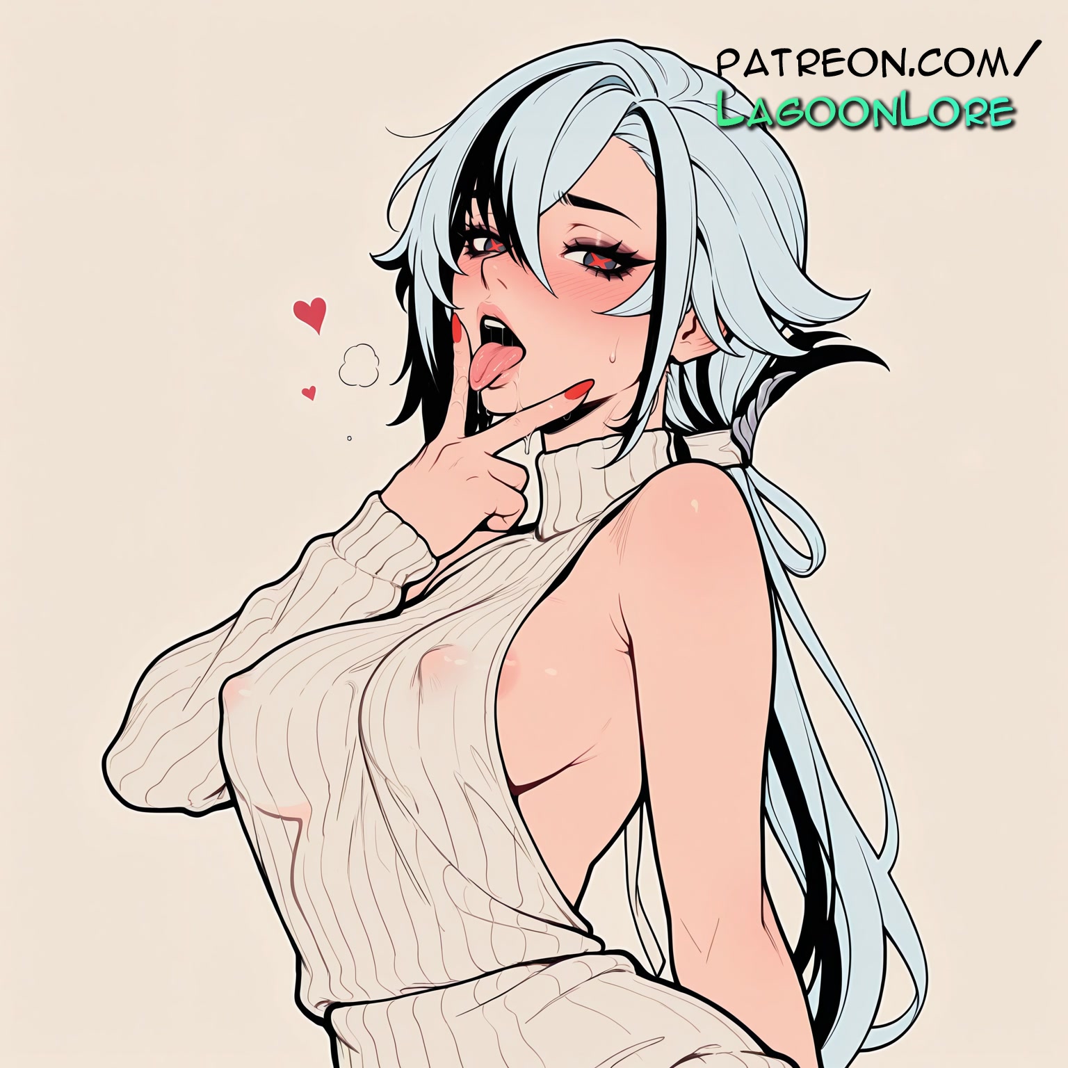 ai generated, arlecchino (genshin impact), artist name, blush, breasts, bust, chest, covered nipples, exposed nipples, female, genshin impact, heart, hi res, highres, lagoonlore, licking finger, long hair, looking at viewer, meme attire, nipples, nipples outside, open mouth, patreon, patreon username, ribbed sweater, solo, sweater, tongue, tongue out, virgin killer sweater, watermark