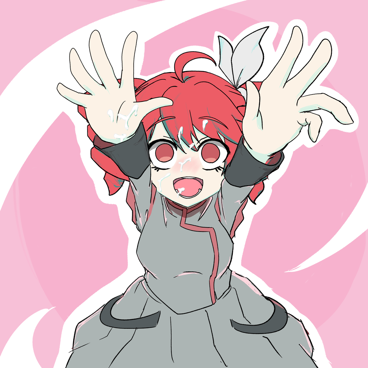 1girls, 2d, 2d (artwork), after ejaculation, ahoge, alternate version available, arms up, belly, big breasts, big thighs, blush, blush lines, bottom heavy, breasts, clothed, clothed female, clothing, cum, cum in mouth, cum on face, cum on hair, cum on hand, curvaceous, curvy, curvy female, curvy figure, extended arm, eyelashes, facial, fat mons, fat thighs, female, female only, female pubic hair, fully clothed, goto gotogoto, hair ornament, hairbow, happy, high-angle view, hips wider than shoulders, huge thighs, kasane teto, kasane teto (sv), large breasts, large thighs, massive thighs, navel, nude version available, open mouth, pear shaped, pear shaped female, pink background, plump, plump breasts, plump thighs, pubic hair, red eyes, red hair, shiny skin, simple background, skirt, slightly chubby, slightly chubby female, smile, solo, solo female, sparkling eyes, synthesizer v, thick thighs, thighs, thighs bigger than head, thighs bigger than torso, twin drills, utau, voluptuous, voluptuous female, wide hips