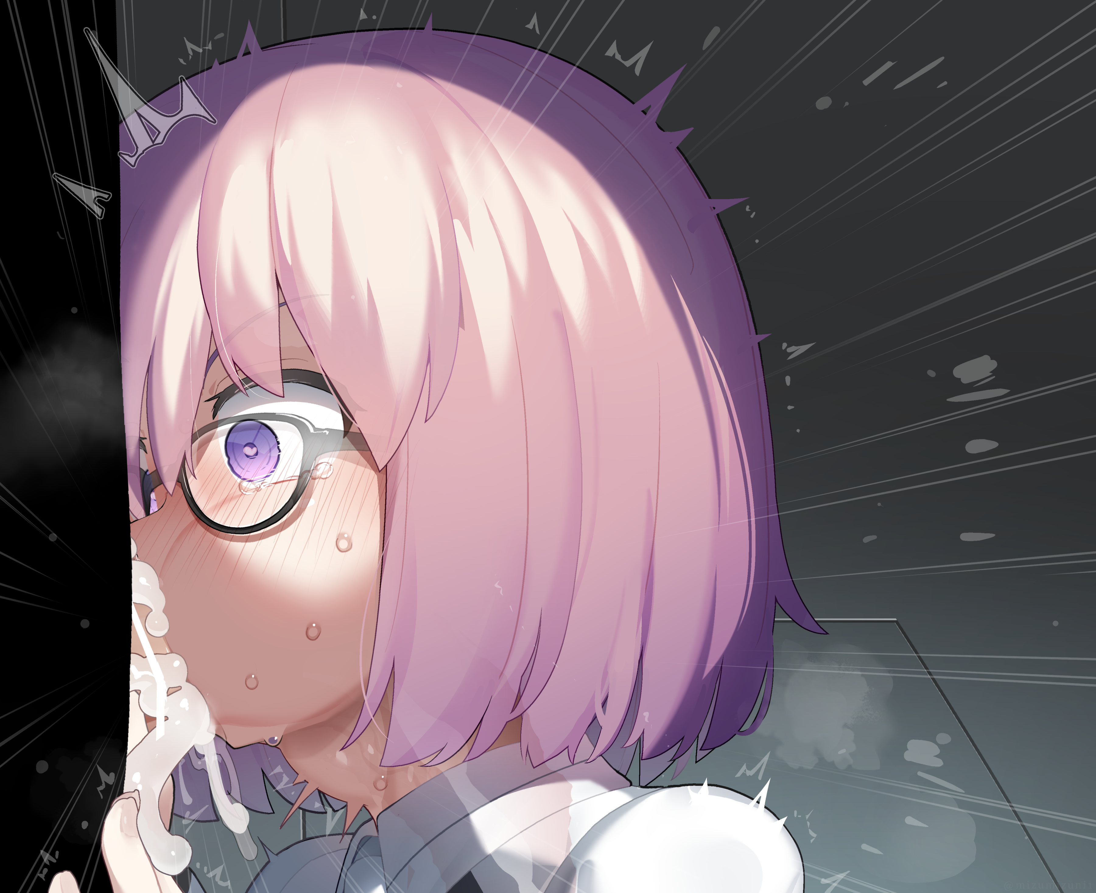 1boy, absurdres, bar censor, censored, collared shirt, commentary request, constricted pupils, cum, cum in mouth, cum overflow, deepthroat, fate (series), fate/grand order, fellatio, female, glasses, heart, heart in eye, highres, large penis, large variant set, mash kyrielight, mizumizuni, oral, paid reward available, penis, penis grab, purple eyes, purple hair, shirt, short hair, solo focus, straight, sweat, symbol in eye, tearing up, tears, variant set, veins, veiny penis, white shirt