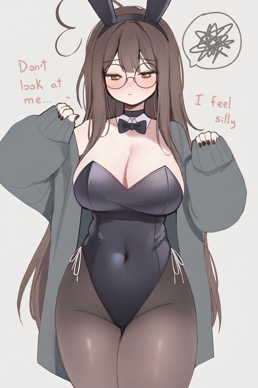 1girls, 2026, big breasts, bikini, blush, breasts, brown eyes, brown hair, bunnysuit, clothed, clothing, dolphin shorts, edit, embarrassed, english text, female, female only, glasses, heart-shaped pupils, hi res, indie virtual youtuber, large breasts, light skin, light-skinned female, long hair, looking down, shorts, simple background, sky (skyaboveme), skyaboveme, solo, solo female, text, thick thighs, thighs, virtual youtuber, vtuber, white background