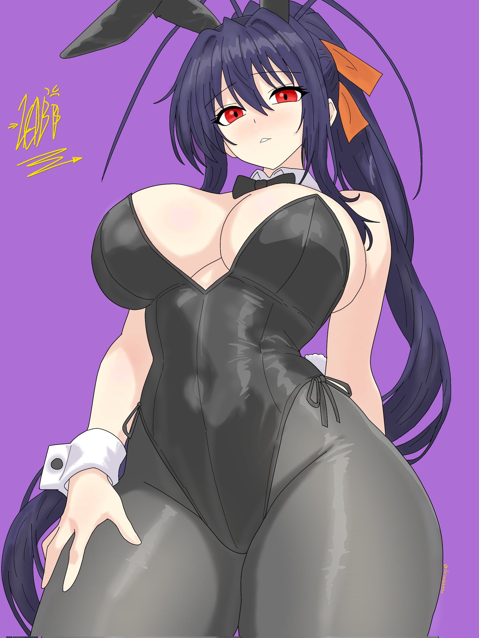 1girls, akeno himejima, artist name, black bunnysuit, black hair, blush, breasts, bunny ears, bunny girl, bunny tail, bunnysuit, cleavage, covered navel, drawlab33t, female, high school dxd, large breasts, long hair, looking at viewer, ponytail, red eyes, solo, thick thighs, thighs