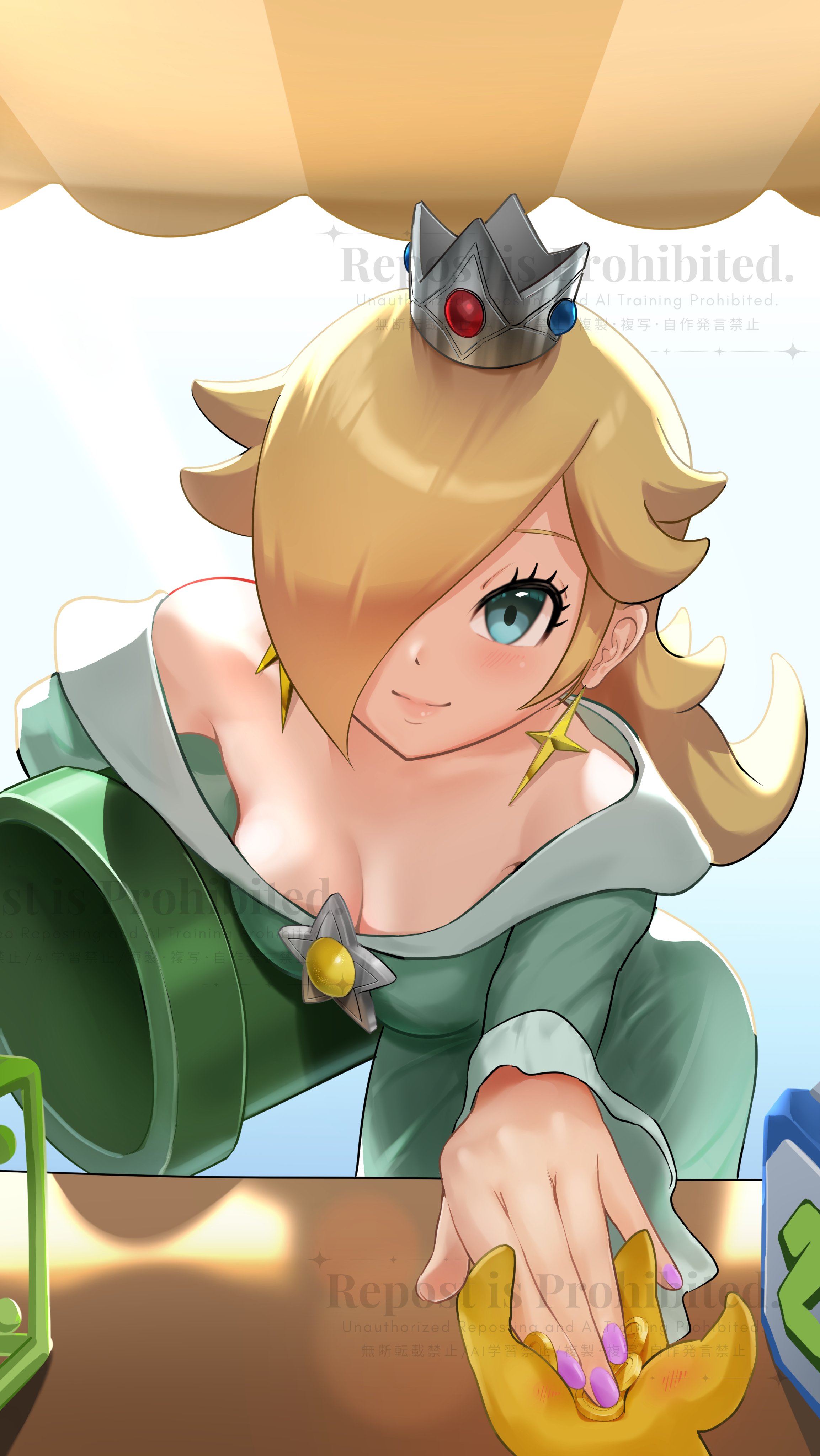 1girls, bare shoulders, blonde hair, blue eyes, blush, breasts, cleavage, crown, dress, earrings, female, female only, hair over one eye, jewelry, koopa, kurere1202, long hair, looking at viewer, mario (series), mario party, nintendo, off shoulder, pov, princess rosalina, star (symbol), tagme
