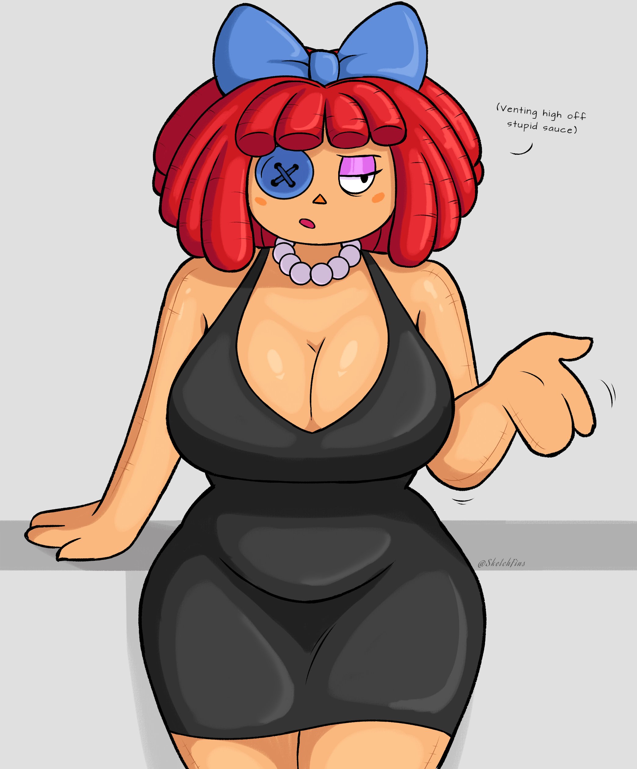 1girls, annoyed, artist name, big breasts, black dress, blush, bow, button eye, cleavage, dialogue, eyeshadow, leaning back, looking at another, necklace, ragatha (pub outfit), ragatha (the amazing digital circus), shaded, short hair, simple background, sketchfins, solo, stupid sauce, text, the amazing digital circus, thick thighs, tight clothing, waving