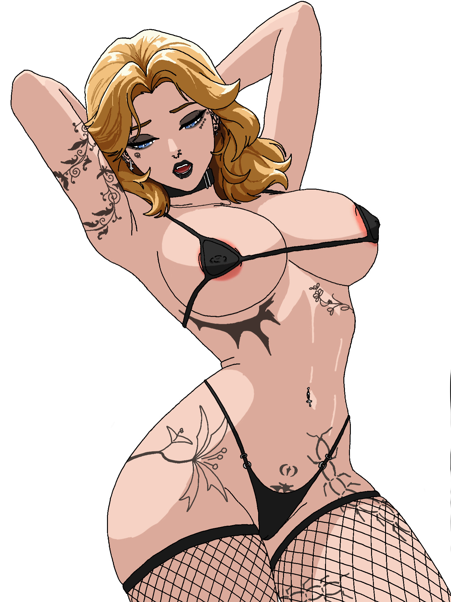 2d, armpits, black lipstick, blonde hair, blue eyes, choker, fishnets, goth, goth girl, invisible woman, invisible woman (marvel rivals), large breasts, marvel, marvel rivals, midriff, nipple piercing, partially clothed, piercing, piercings, solo, tattoo, underboob
