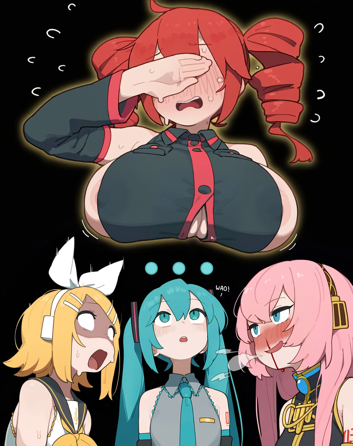 4girls, ahoge, ai generated, aqua eyes, aqua hair, aqua necktie, areola slip, bangs, bare shoulders, black shirt, black sleeves, blonde hair, blood, blush, bow, breasts, brittle, collared shirt, commentary, covering face, detached sleeves, drill hair, embarrassed, flying sweatdrops, grey shirt, hair between eyes, hair bow, hair ornament, hairclip, hatsune miku, headset, huge breasts, kagamine rin, kasane teto, long hair, megurine luka, multiple girls, neckerchief, necktie, nosebleed, novelai, open mouth, pink hair, red hair, shirt, short hair, sleeveless, sleeveless shirt, sweat, twin drills, twintails, utau, vocaloid, white bow, white shirt, yellow neckerchief