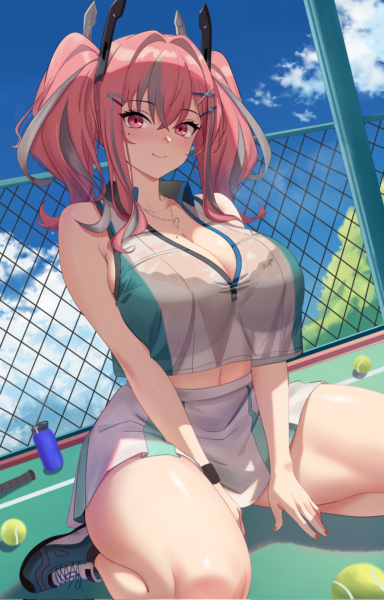 1girls, azur lane, ball, bangs, bare shoulders, blue sky, bottle, bow, bra, breasts, bremerton (azur lane), bremerton (scorching-hot training) (azur lane), chain-link fence, cleavage, clothed, clothing, cloud, collarbone, crop top, crop top overhang, day, eyebrows visible through hair, female, female only, fence, grey hair, hair between eyes, hair ornament, hairclip, heart, heart necklace, hi res, highres, large breasts, long hair, looking at viewer, mole, mole under eye, multicolored hair, navel, pink eyes, pink hair, racket, see-through, shirt, sitting, skirt, sky, sleeveless, sleeveless shirt, smile, sports uniform, sportswear, streaked hair, string rafart, tennis ball, tennis racket, tennis uniform, thighs, twintails, two-tone shirt, two-tone skirt, underwear, x hair ornament
