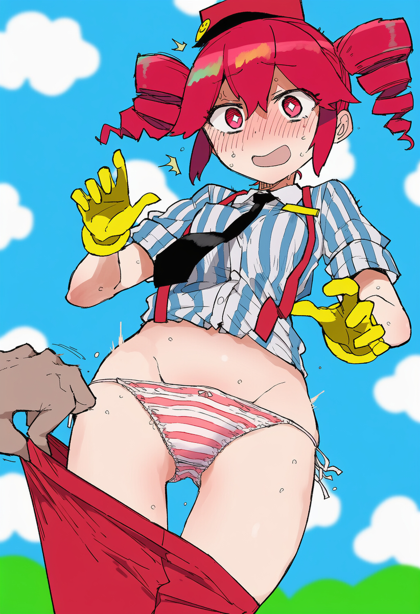 1boy, 1girls, ai generated, big thighs, blouse, blush, blush lines, blushing, blushing profusely, bow panties, breasts, cleft of venus, clothed, clothed female, clothing, embarrassed, embarrassed female, exposed pussy, eyelashes, female, gloves, hat, kasane teto, kasane teto (sv), large thighs, looking at viewer, male, mesmerizer (vocaloid), mesmerizer teto, mv character, necktie, offscreen male, one eye closed, panties, pants, pants down, petite, petite body, petite female, plump, pose, posing, pulling down pants, red eyes, red hair, shiny skin, shirt, simple background, skinny, skinny female, slim girl, slim waist, small breasts, smile, sparkling eyes, striped panties, striped shirt, suspenders, synthesizer v, thick thighs, thighs, twin drills, undressed, undressing, utau, wide hips