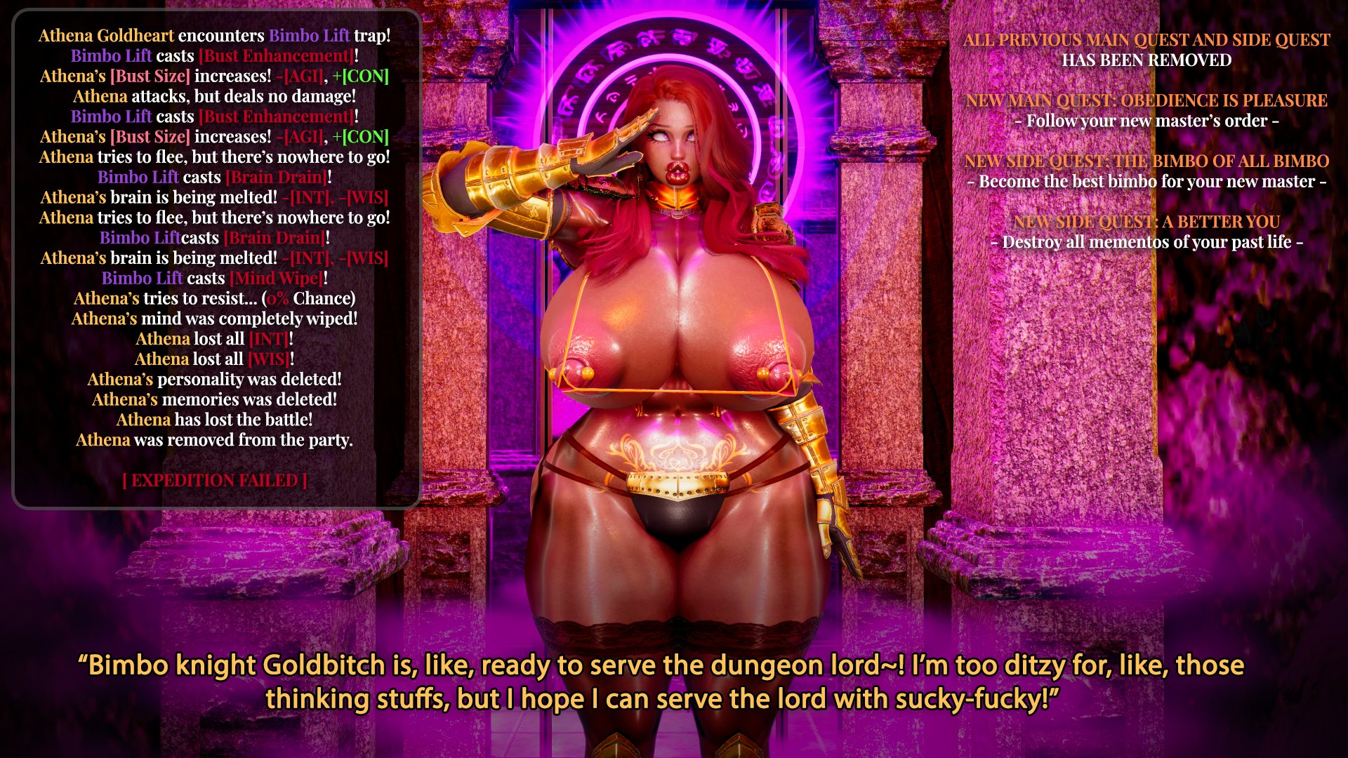 1girls, 3d, arcrad, athena goldheart, big breasts, bimbo, bimbo lips, bimbofication, brainwashed, brainwashing, english, english text, gameplay mechanics, huge breasts, hypnosis, intelligence drain, intelligence loss, iq loss, large breasts, level drain, lips, memory loss, mind control, nipple piercing, nipples, original, original character, red hair, salute, stats, text, thick thighs, thighs, trap