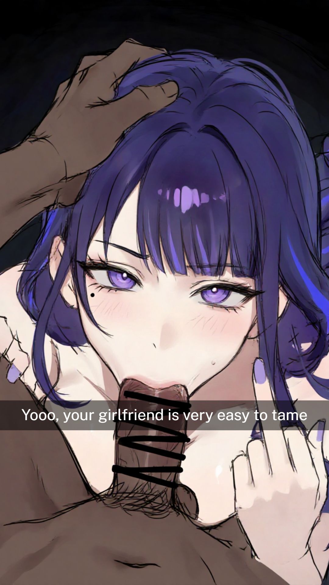 ai assisted, ai generated, black penis, blowjob, blowjob face, blue eyes, blue hair, blush, cheating, dark penis, dark skin, dark-skinned male, fellatio, fellatio face, genshin impact, hoyoverse, looking at viewer, middle finger, mihoyo, nay juno, netorare, ntr, oral, oral sex, pov, pov eye contact, pov male, raiden shogun, slutty female, snapchat, text, whore eyes, whored, whored out
