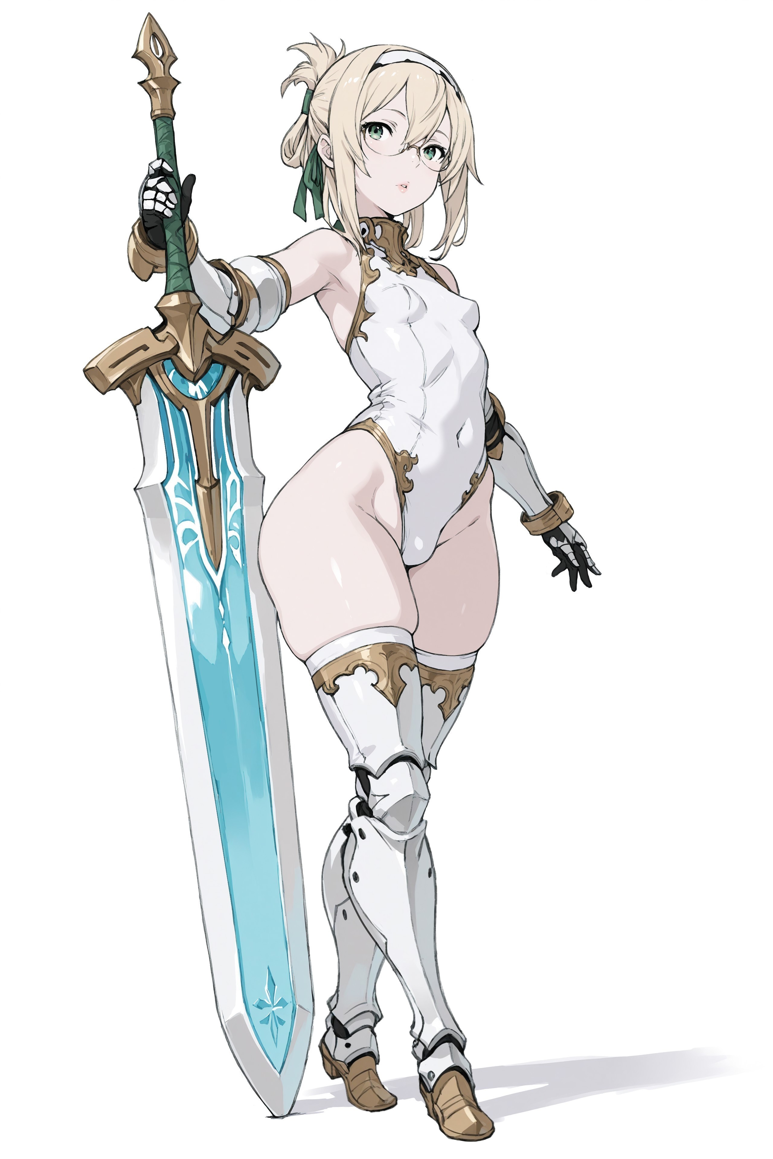 ai generated, androgynous, armored boots, armored gloves, armpit, blonde hair, bracelets, bubble butt, clothed, czero2011, digital media (artwork), dynamic pose, embroidery, engraving, femboy, folded ponytail, freckles, freckles on face, glasses, greaves, green eyes, hair between eyes, hair ribbon, hairband, high collar, holding weapon, huge weapon, leotard, original character, perky breasts, plump ass, plump lips, plump thighs, semi-rimless eyewear, sidelocks, simple background, skin tight, skindentation, skinny, small breasts, small bulge, small penis femboy, solo, standing, sword, thick thighs, vambraces, wide hips