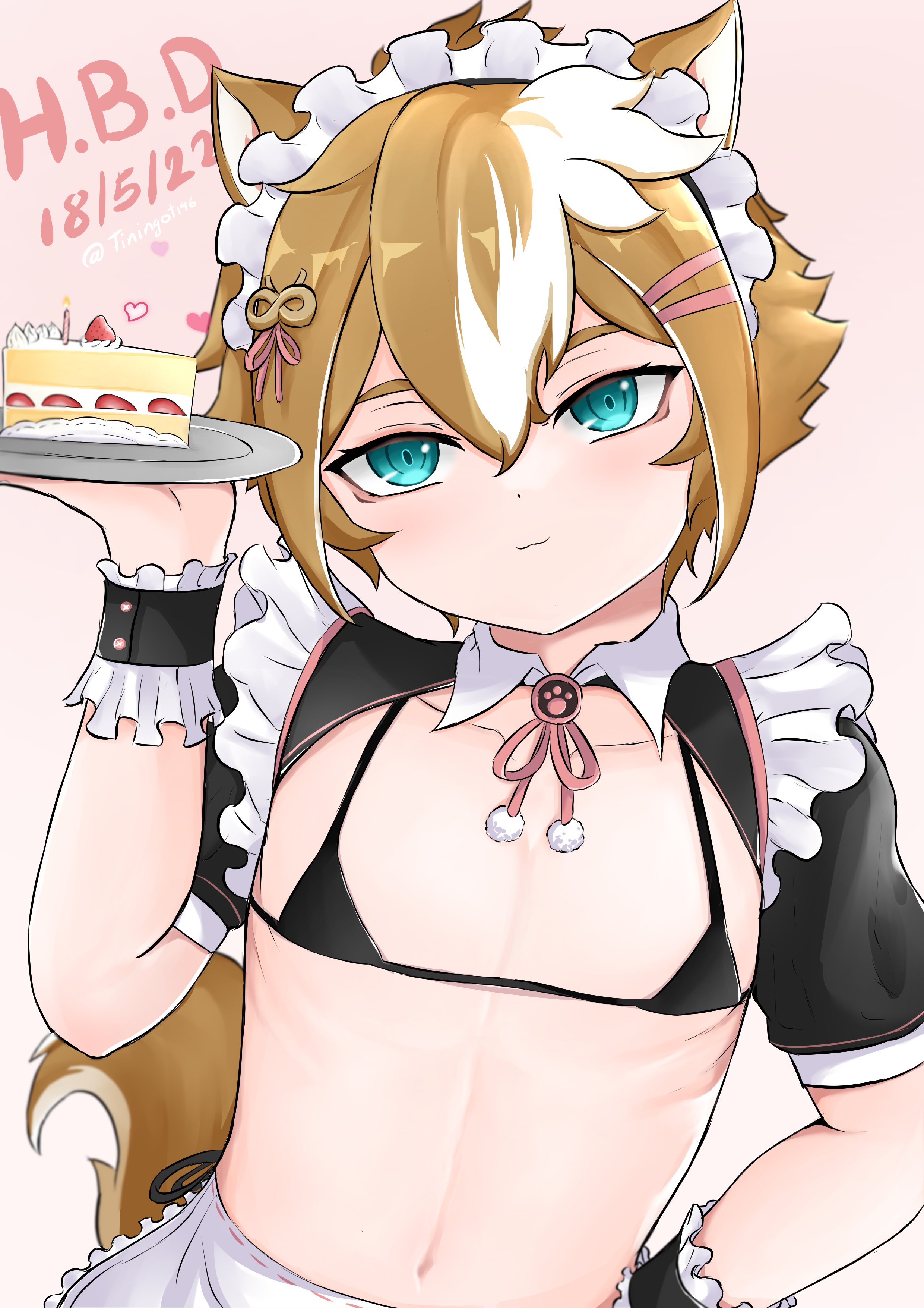 :3, 1boy, 2022, bikini top, birthday, birthday cake, blue eyes, cake, dogboy, femboy, genshin impact, gorou (genshin impact), hair ornament, hi res, light-skinned male, looking at viewer, maid headdress, maid uniform, male, male only, solo, solo femboy, strawberry cake, tilted head, tiningot196