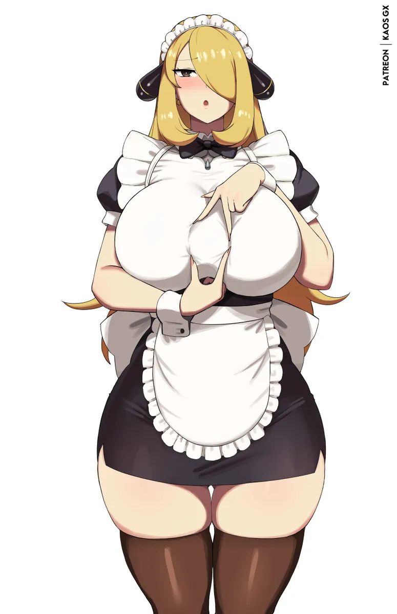 1girls, alternate costume, apron, blonde hair, blush, bowtie, breasts, collar, cuff links, cynthia (pokemon), frilly clothing, game freak, grey eyes, hair covering eye, hair ornament, huge breasts, kaos art, leggings, long blonde hair, looking at viewer, maid, maid headdress, maid uniform, nintendo, open mouth, pokemon, pokemon champion, pokemon dppt, short sleeves, tagme, thick thighs, thighs