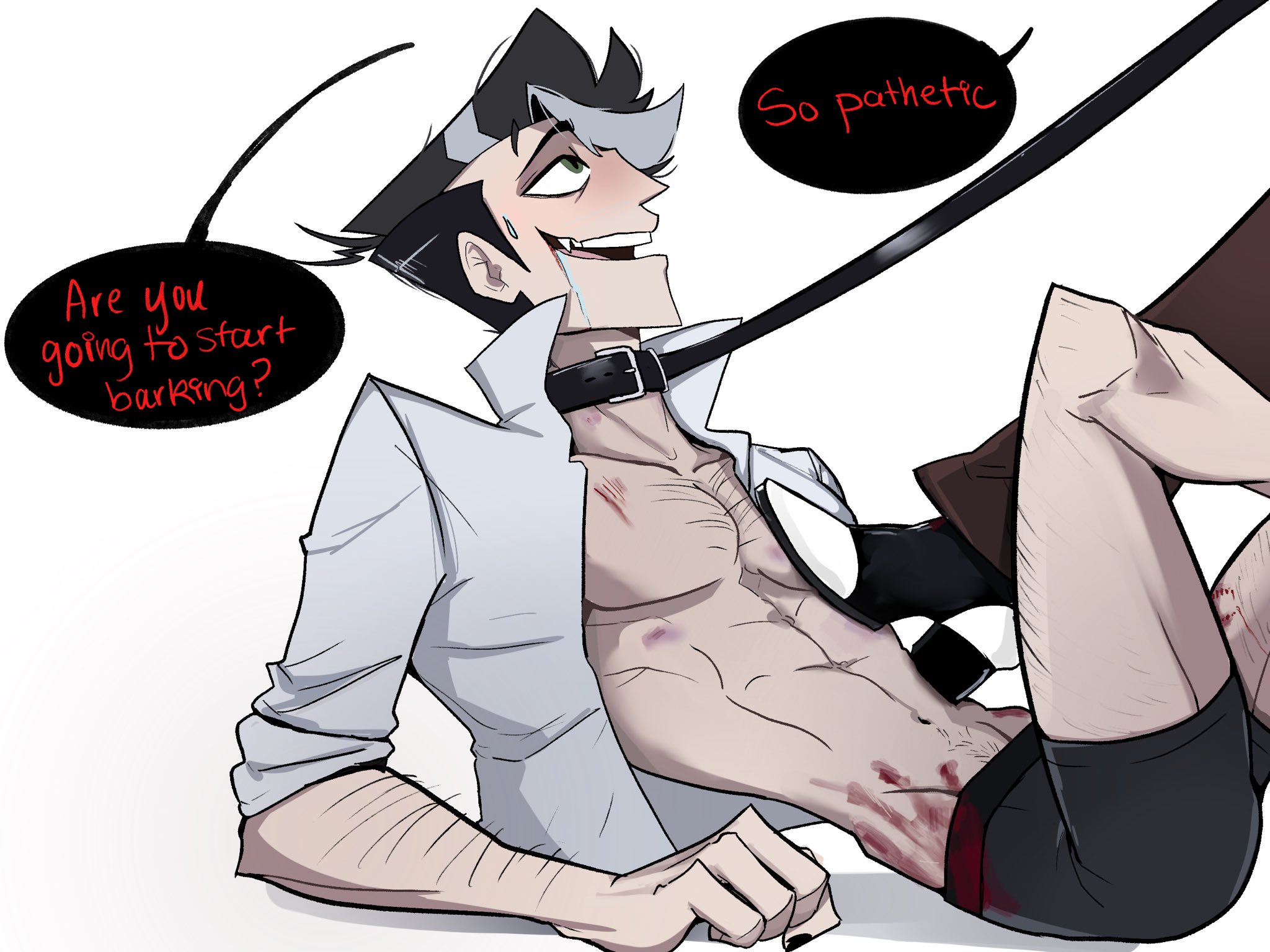 2boys, alastor (hazbin hotel), blood, blood stain, collar, drooling, foot on chest, gay, half-dressed, hazbin hotel, hellaverse, human alastor (hazbin hotel), human vox (hazbin hotel), leash, leash and collar, male only, offscreen male, pinksartdump, vox (hazbin hotel), yaoi