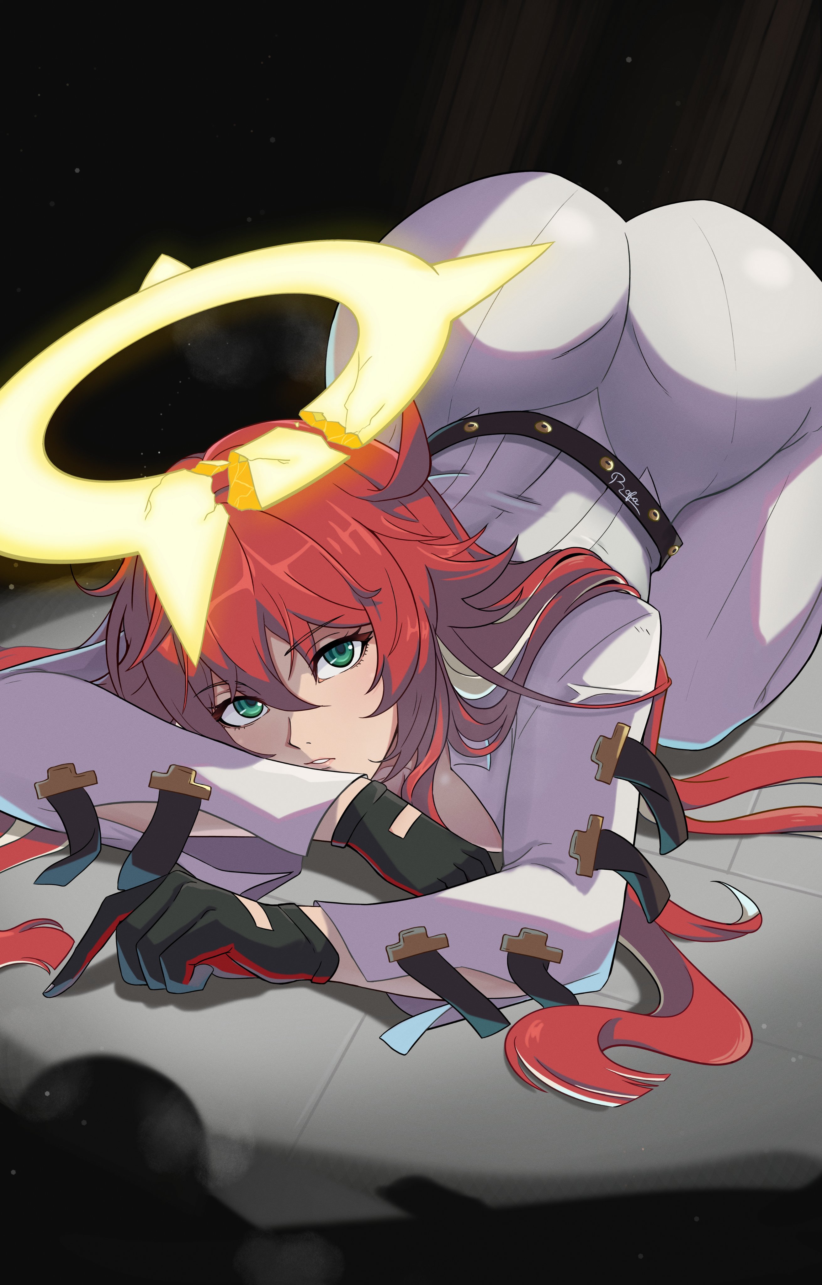 1girls, absurdres, artist name, ass, bell-bottoms, belt, big ass, black gloves, bodysuit, breasts, broken halo, cleavage, collarbone, colored inner hair, female, female only, flipped hair, front facing with ass, front slit, gloves, green eyes, guilty gear, guilty gear strive, hair between eyes, halo, highres, huge ass, jack-o' valentine, jewelry, large breasts, long hair, looking at viewer, multicolored hair, pants, red hair, signature, solo, spiked halo, string rafart, studded belt, too many, too many belts, white bodysuit, white hair