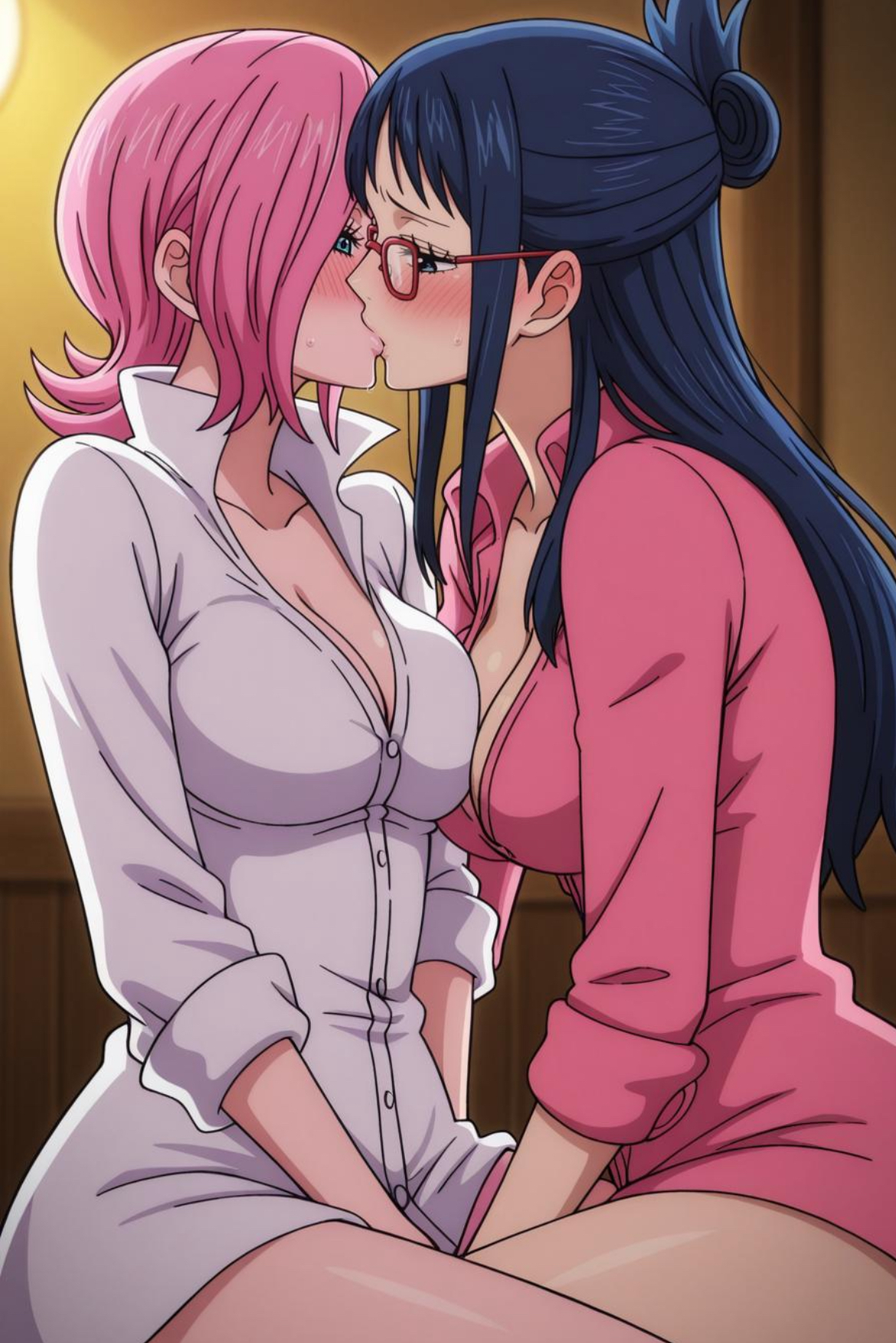 2girls, ai generated, black hair, black-haired female, female, female only, female/female, fingering, glasses, kissing, lesbian, lesbian kiss, love, not real art, one piece, pink hair, pink-haired female, red glasses, tashigi, vinsmoke reiju, yuri