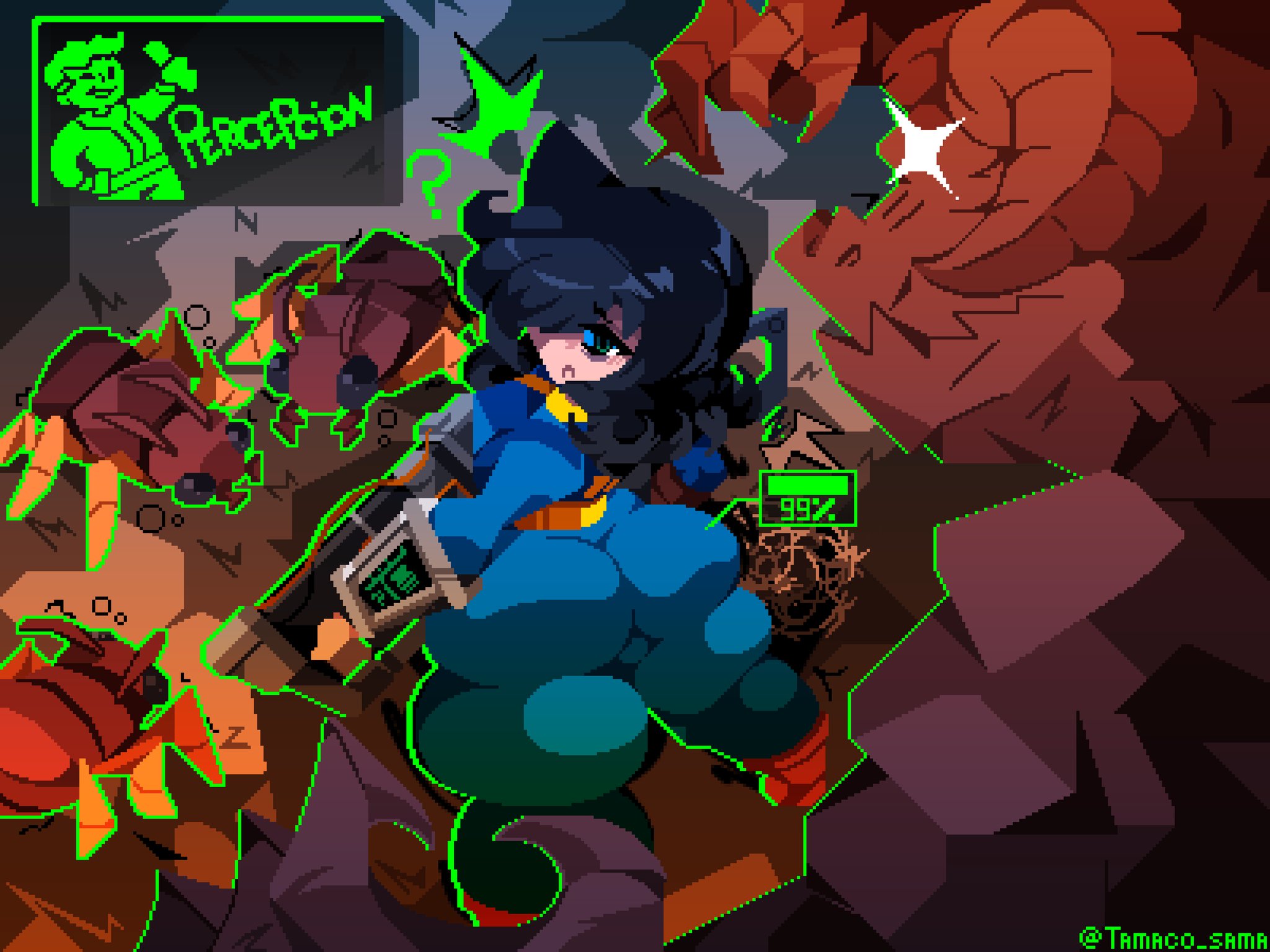 ?, 1girls, 2025, artist name, ass, back view, background, big ass, black hair, blue clothing, bubble butt, bug, color, commission, deathclaw, english text, fallout, female, female focus, green eyes, green outline, gun, hair over one eye, hi res, holding gun, holding object, holding weapon, huge ass, imminent sex, kuroki tomoko, laser rifle, light skin, light-skinned female, long hair, looking at another, looking back, monster, pixel art, radroach, tamaco, text, thick thighs, thighs, vault suit, watashi ga motenai no wa dou kangaetemo omaera ga warui!