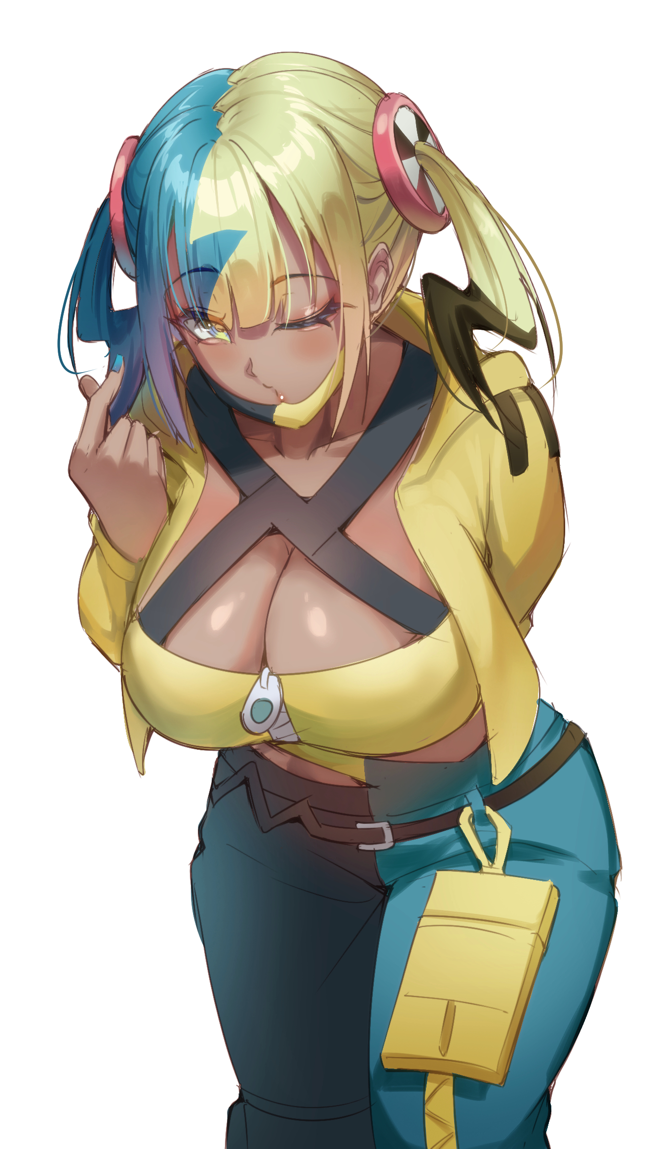 1girls, aqua hair, aqua pants, arm behind back, bandeau, blonde hair, blue nails, breasts, canari (pokemon), canary (pokemon), cleavage, commentary, criss-cross halter, dark skin, dark-skinned female, female, female only, hair ornament, halterneck, highres, jacket, large breasts, leaning forward, looking at viewer, mask, mask pull, mouth mask, multicolored hair, multicolored mask, multicolored pants, nintendo, one eye closed, open clothes, open jacket, pants, pokemon, pokemon legends: z-a, simple background, solo, split-color hair, tacoo ji, twintails, two-tone mask, two-tone pants, white background, yellow bandeau, yellow jacket