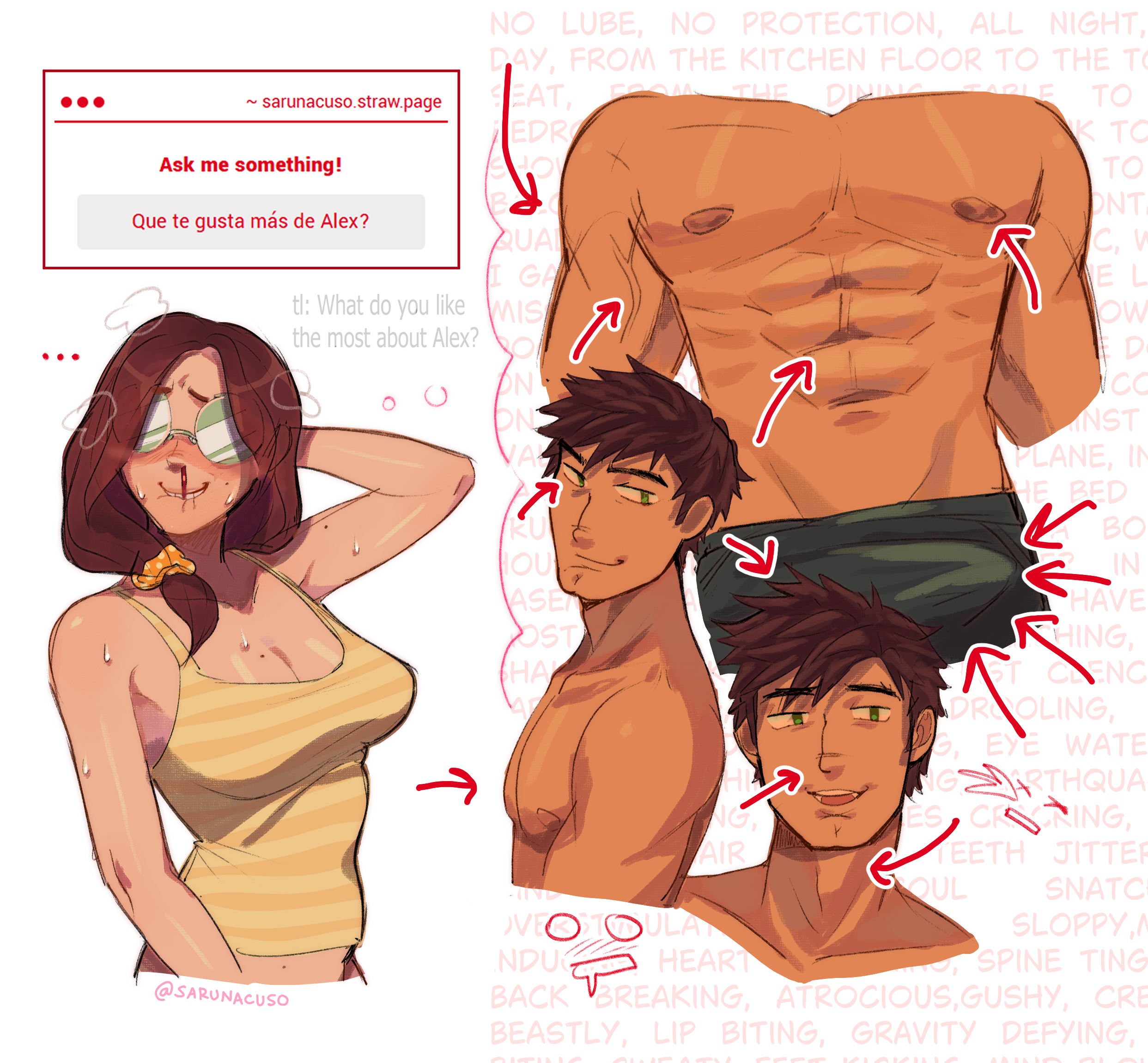 abs, alex mullner, fantasizing, farmer (stardew valley), junimo, masculine, nerdy female, pervert female, saruna, sarunacuso, stardew valley, straight, tan body, tan skin