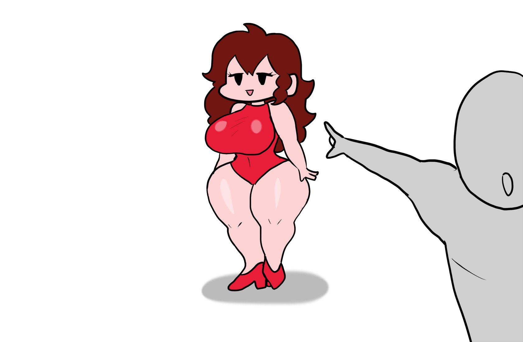 :d, 1boy, 1boy1girl, 1girl1boy, 1girls, about to pound the fuck outta em, anon, anonymous male, auburn hair, belly button, belly button visible through clothing, big boobs, big breasts, big thighs, black eyes, black eyes female, boobs, breasts, demon, demon girl, enigi09, eyelashes, eyeless, eyeless male, female, friday night funkin, girlfriend (friday night funkin), hair, huge boobs, huge breasts, imminent mating press, imminent sex, long hair, long hair female, male, male/female, o face, pointing, pointing at another, pointing soyjak, red dress, red heels, shadow, simple background, thick, thick hips, thick legs, thick thighs, tight clothing, tight dress, video game character, video games, white background, wide hips
