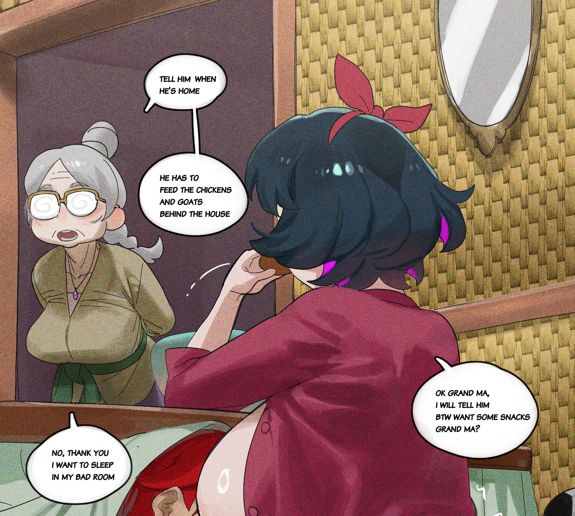 1boy, 1girls, 2026, 2d (artwork), black hair, blush, color, colored, cute, dyed hair, eating, elderly, elderly female, enta (nia), family, food, glasses, grandmother, grandmother and granddaughter, grey hair, hair bun, hair ribbon, headband, high resolution, indoors, kimono, kotatsu, large breasts, mature female, nia (nia4294), nia4294, purple eyes, red hair, ribbon, short hair, sideboob, speech bubble, table, tatami, traditional clothes, under kotatsu, under the table