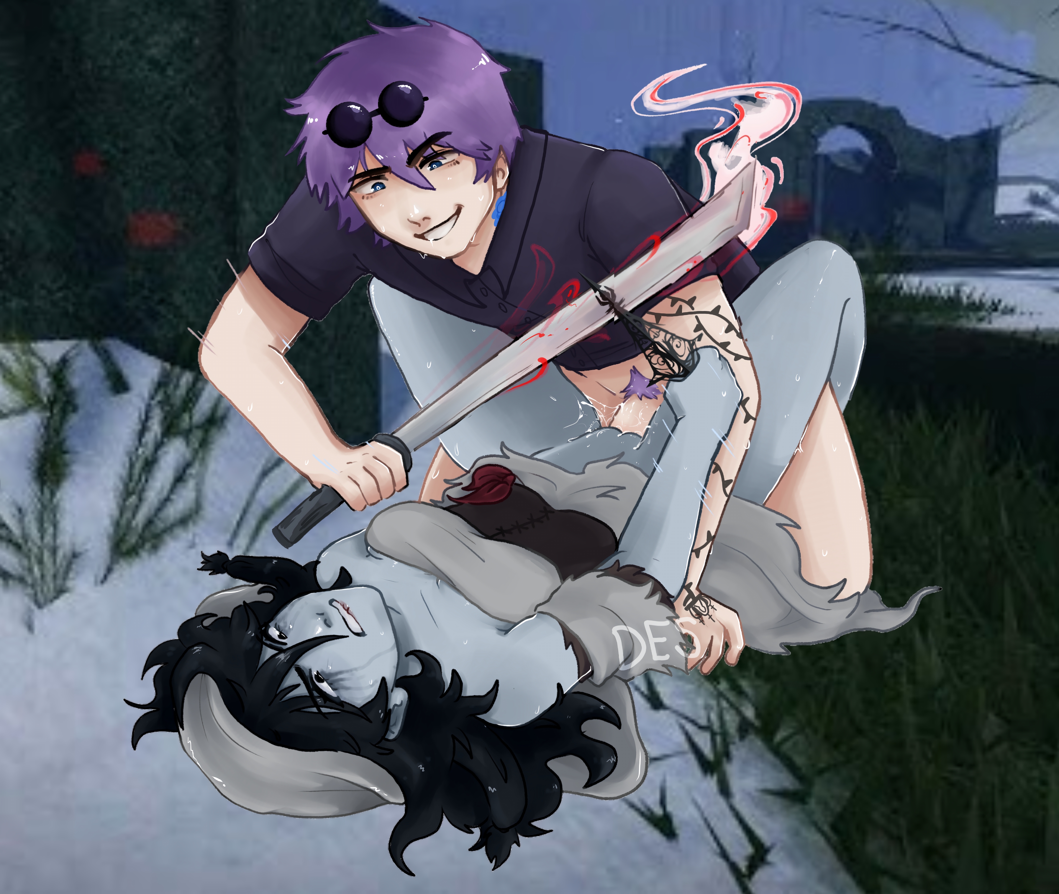 1boy1girl, arm tattoo, balls, blue rose, bottomless, breasts, cum, dick, functionally nude, katana, la banda, ldeloletti, loletti, marvell, no panties, penetration, penis, pubic hair, purple hair, pussy, rape, roblox, roblox game, robloxian, sex, shirt, source request, tattoo, text, thighs, vaginal penetration, veil (violence district), violence, violence district, wounded