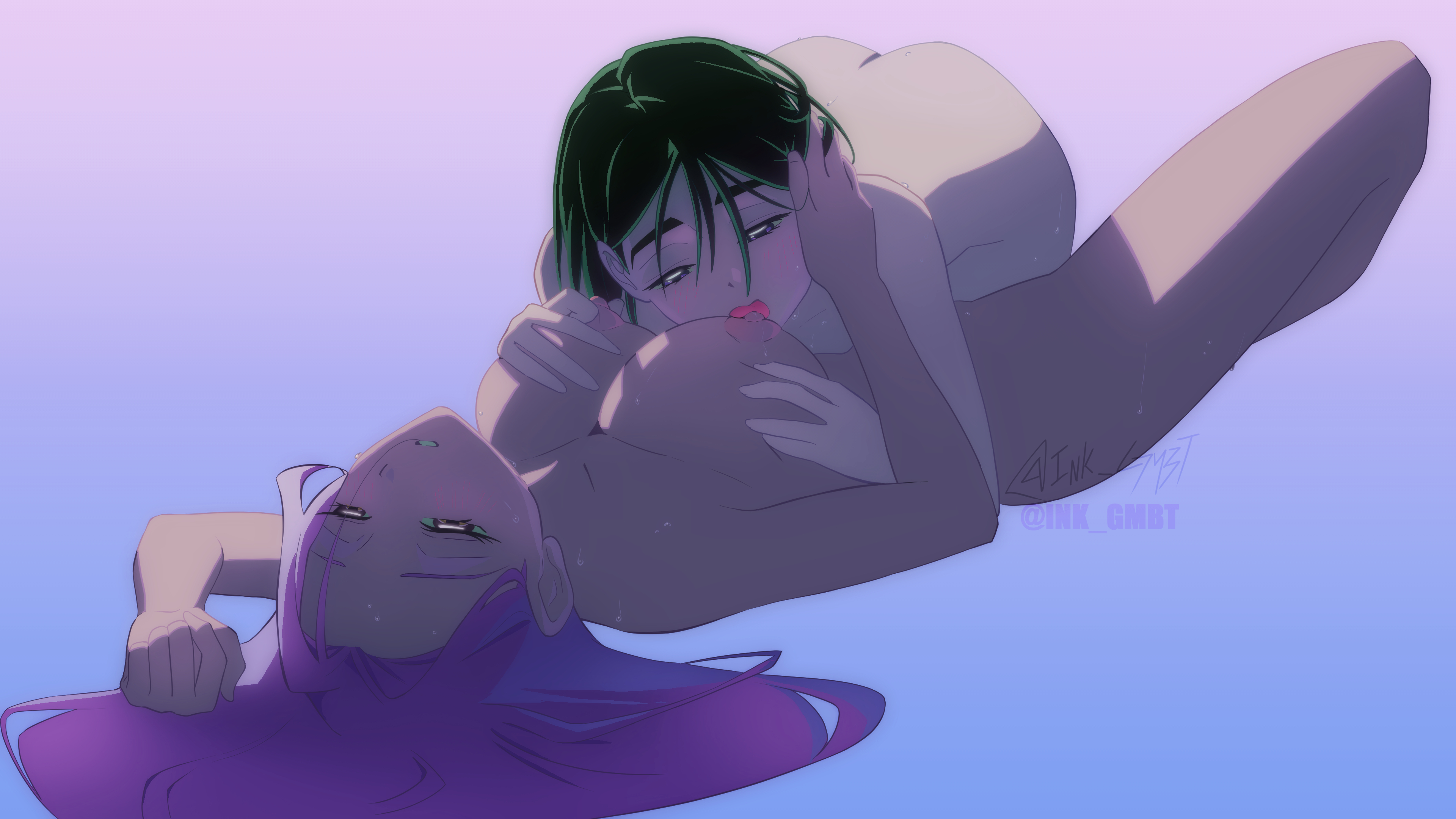 2girls, absurd res, alien stage, alternate breast size, artist name, artist signature, big breasts, black hair, blue background, blush, breast grab, breast sucking, breasts, butt crack, canon couple, color, completely nude, erect nipples, gradient background, half-closed eyes, hand on another's face, highres, ink gmbt, large breasts, lighting, long hair, looking at breasts, looking pleasured, lying, lying on back, lying on person, lying on stomach, mizi (alien stage), nipple tweak, nipples, pink hair, purple eyes, romantic, romantic couple, saliva, saliva on breasts, sua (alien stage), sweat, watermark, yellow eyes, yuri