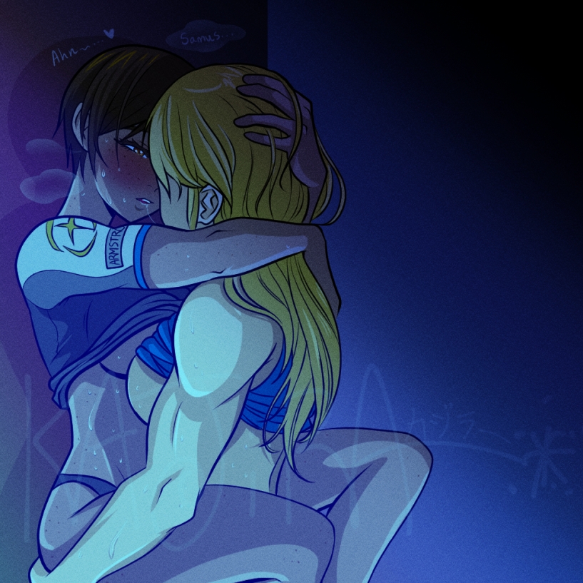 2girls, after kiss, against wall, biceps, blonde hair, blush, body freckles, breasts, brown hair, clothes lift, commentary, female only, female/female, freckles, hand on another's head, holding another, hug, kajira (artist), leg lock, lifting person, metroid, metroid prime 4: beyond, multiple girls, muscular, muscular female, nora armstrong, panties, saliva, saliva trail, samus aran, shirt lift, short hair, sideboob, sweat, underwear, very sweaty, yuri