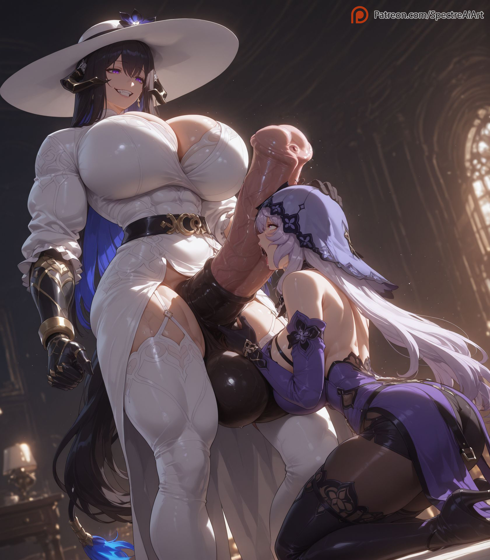 1futa, 1girls, abs, ai generated, armpits, ass, bed, big breasts, big penis, black gloves, black hair, black shorts, black swan (honkai: star rail), black thighhighs, blue hair, blush, bodily fluids, breasts, cock worship, crazy smile, curvy, curvy figure, dickgirl, dress, excessive precum, female, futa on female, futanari, garter straps, gigantic breasts, gigantic penis, gloves, hair ornament, hat, honkai: star rail, horns, horse penis, horsecock, huge ass, huge breasts, huge cock, indoors, intersex, long hair, long sleeves, looking at another, looking down, mechanical arm, motion lines, muscular, muscular futa, naked, pantyhose, penis, purple eyes, shorts, sitting, skinny, spectreai, thick, thick legs, thick thighs, thighhighs, thighs, two-tone hair, veil, veiny penis, white dress, white hair, white thighhighs