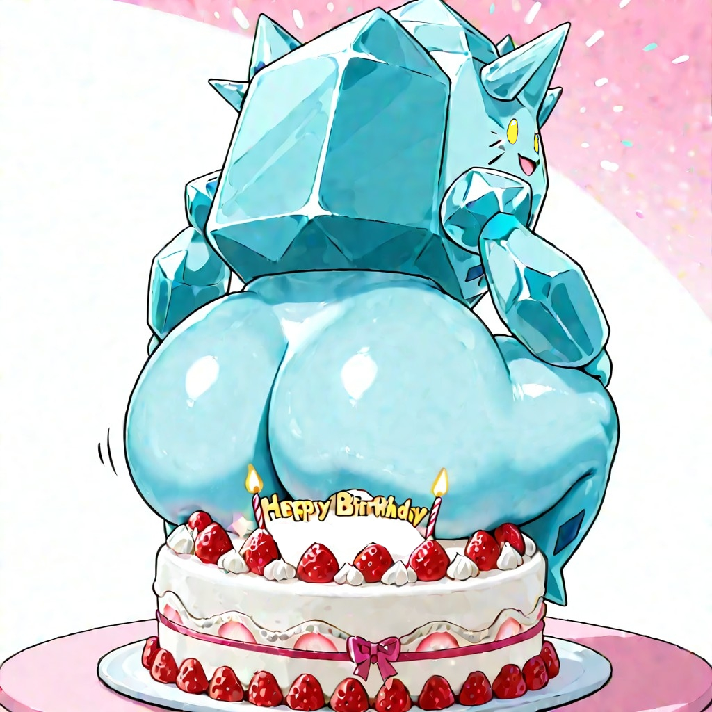 ai_generated happy_birthday pokemon regice sitting_on_cake thick_ass