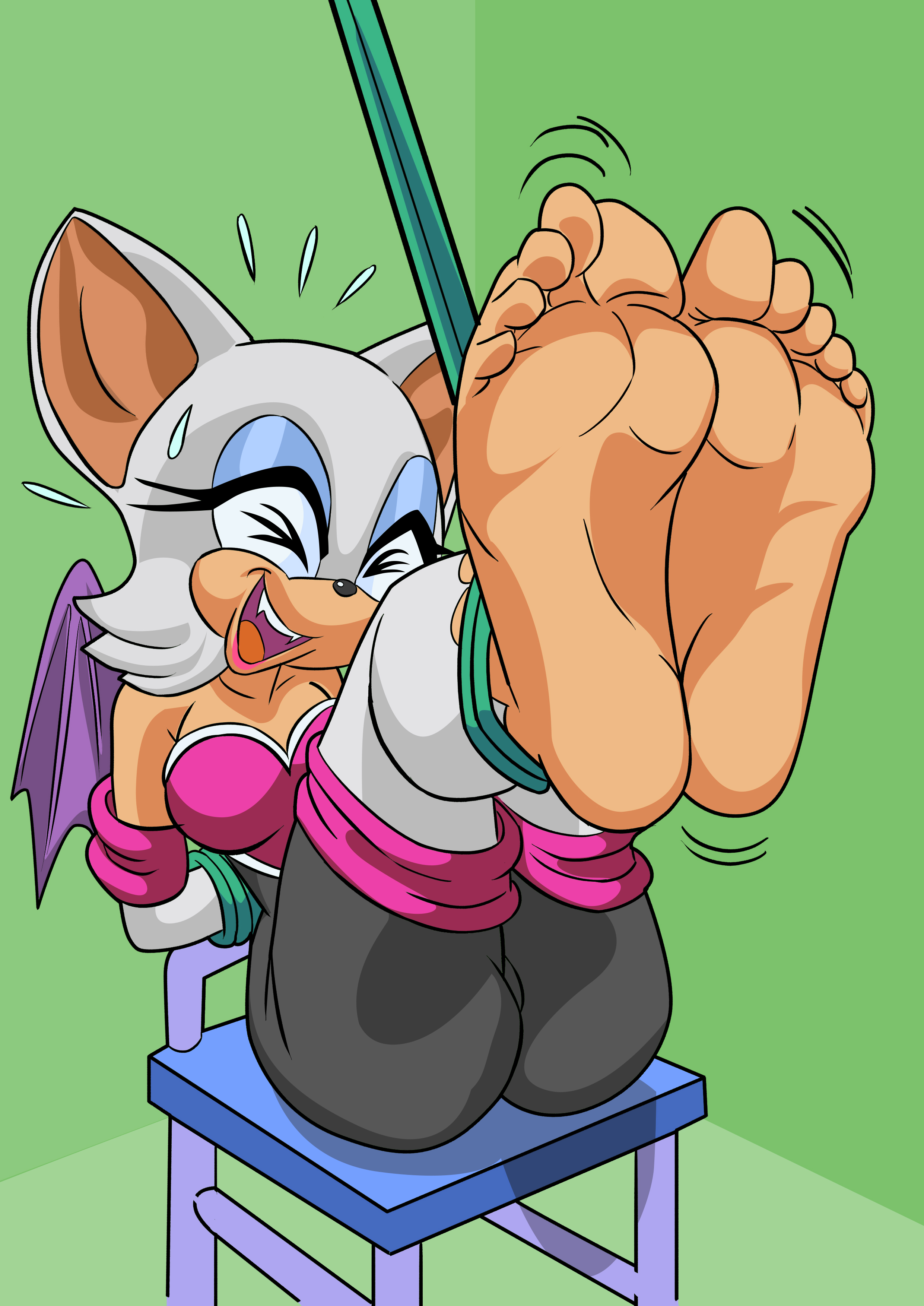 2021, 5 toes, absurd res, anthro, arms tied, armwear, art-2u, ass, barefoot, bat, bound, breasts, chair, clothing, elbow gloves, eyeshadow, feet, female, foot fetish, foot focus, fur, furniture, gloves, hands behind back, handwear, hi res, humanoid feet, laugh, legs tied, makeup, mammal, membrane (anatomy), membranous wings, plantigrade, rouge the bat, sega, simple background, soles, solo, sonic (series), sonic the hedgehog (series), tan body, tan skin, toes, torn clothing, white body, white fur, wings