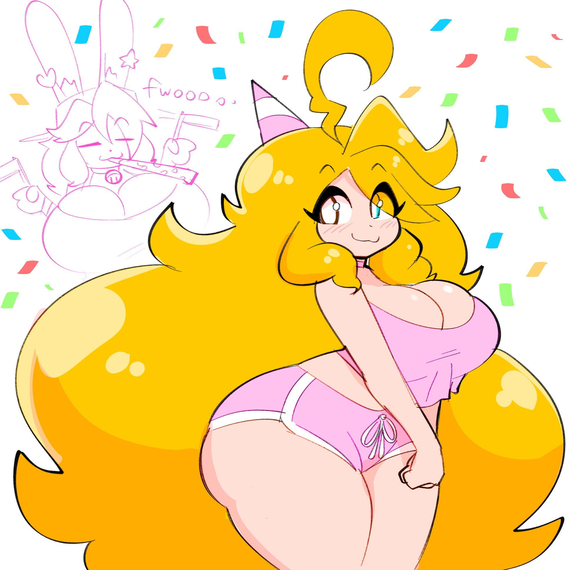 :3, 1boy, 1girls, ahoge, big breasts, blonde hair, blush, booty shorts, breasts, busty male, cleavage, female, furry, heterochromia, huge breasts, male, male with breasts, peanut butter (theycallhimcake), short shorts, shorts, theycallhimcake, thick thighs, wide hips