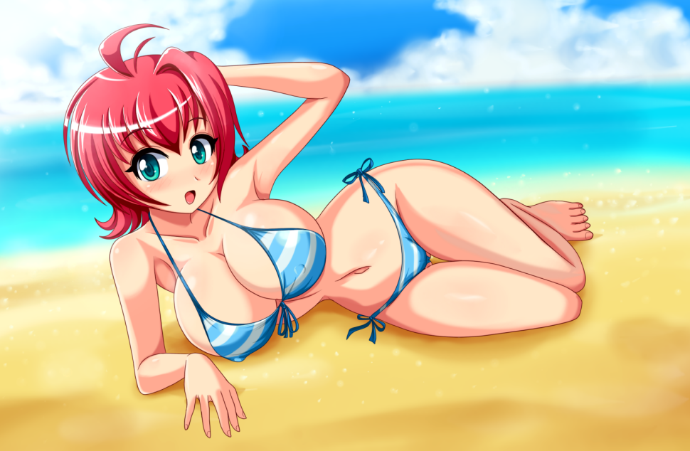 ahoge, beach, big breasts, bikini, blue eyes, breasts, cleavage, female, large breasts, lilia, lilia (sigurdhosenfeld), original, pale skin, red hair, sigurdhosenfeld, solo