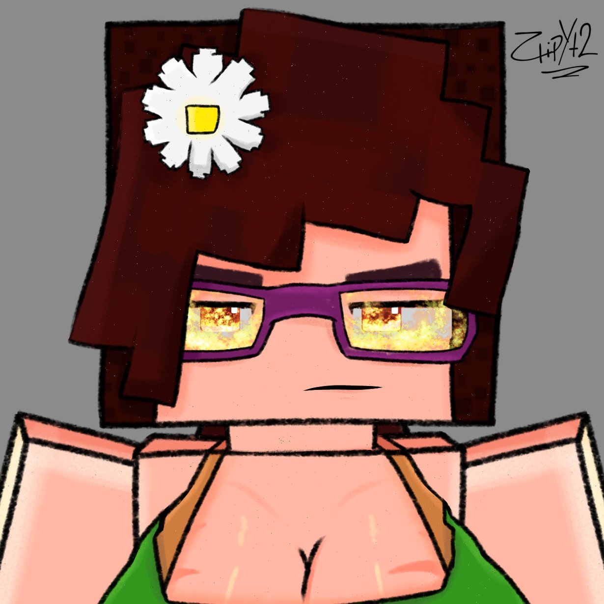 2d angry big_breasts brown_hair drawn flame flower_in_hair glasses gray_background iamcringe irene_cream_(iamcringe) looking_at_viewer meme minecraft red_eyes simple_background zlipyt2