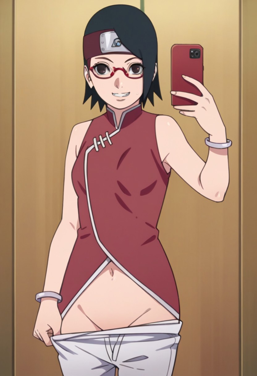 aged_up ai_generated ass bigmic145 black_hair boruto:_naruto_next_generations breasts dress female female_only glasses medium_breasts naruto naruto_(series) navel pants pants_pulled_down sakura_haruno sakura_haruno_(cosplay) sarada_uchiha selfie stripping tease teasing trying_on_clothes