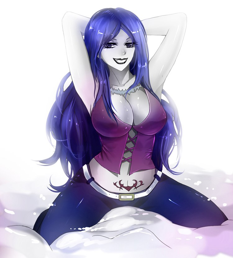 1girls, armpits, blue eyes, blue hair, corruption, enemy conversion, fairy tail, female, female only, flowerxl, goth, gothic, gothified, juvia lockser, kneeling, necklace, pale skin, rock of succubus, smiling, solo, tattoo