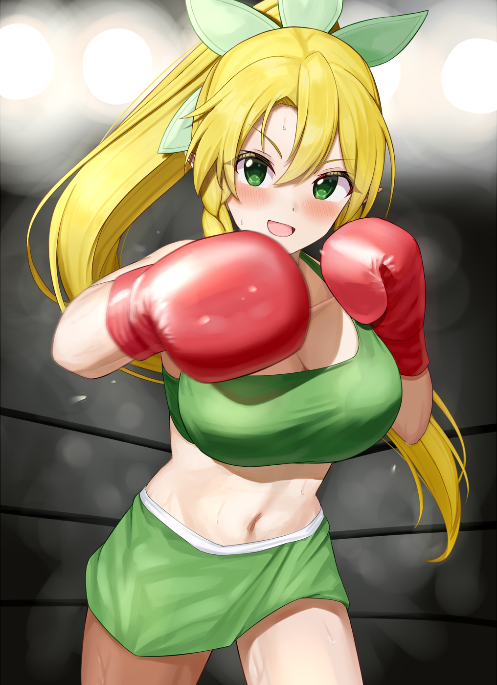 1girls alluring alternate_costume big_breasts blonde_hair blurry blurry_background blush boxing boxing_gloves boxing_ring boxing_shorts braid cleavage commentary_request commission cowboy_shot gloves green_eyes green_shorts green_sports_bra hair_between_eyes hair_ornament high_res leafa long_hair looking_at_viewer midriff navel open_mouth partial_commentary ponytail px-tea red_gloves shorts skeb_commission smile sports_bra standing sweat sword_art_online