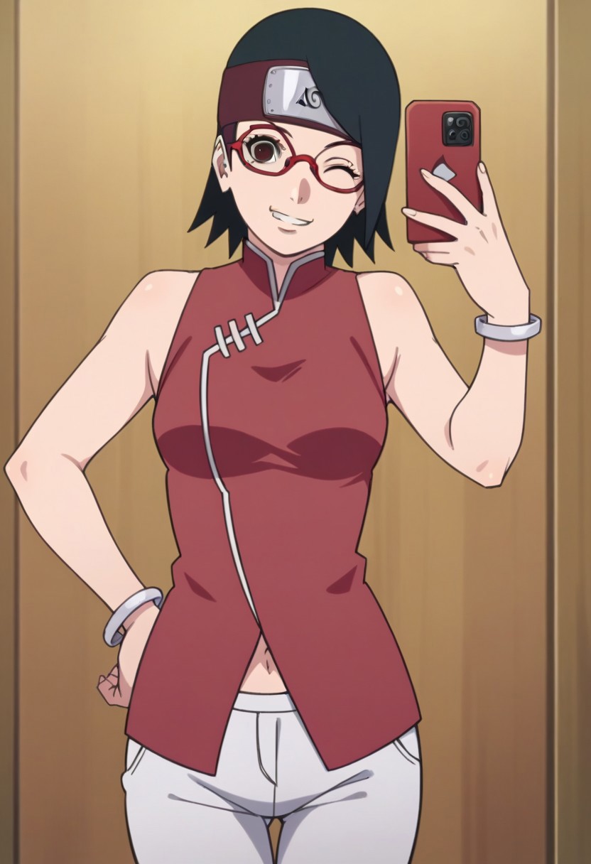 aged_up ai_generated ass bigmic145 black_hair boruto:_naruto_next_generations breasts dress female female_only glasses medium_breasts naruto naruto_(series) navel pants sakura_haruno sakura_haruno_(cosplay) sarada_uchiha selfie trying_on_clothes