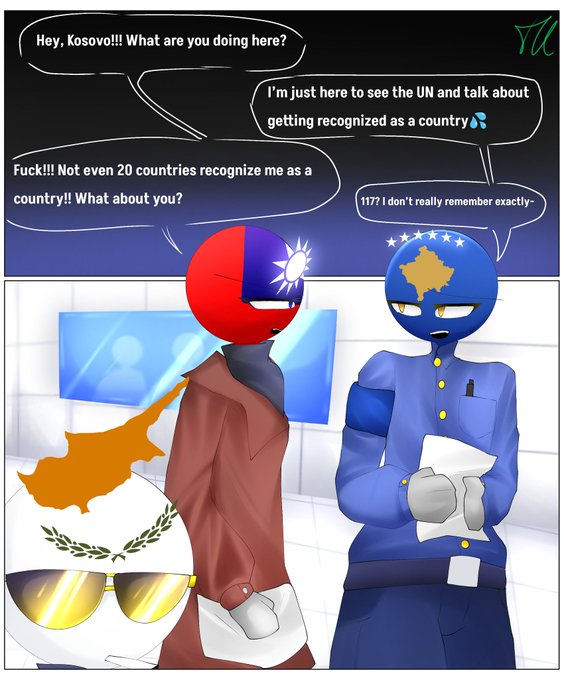 3boys 44waa29304 arm_band buttoned_shirt coat conversation countryhumans countryhumans_girl cyprus_(countryhumans) detailed_background female holding_paper kosovo_(countryhumans) open_mouth pen_in_pocket smoking_cigarette sunglasses taiwan_(countryhumans) wearing_clothes