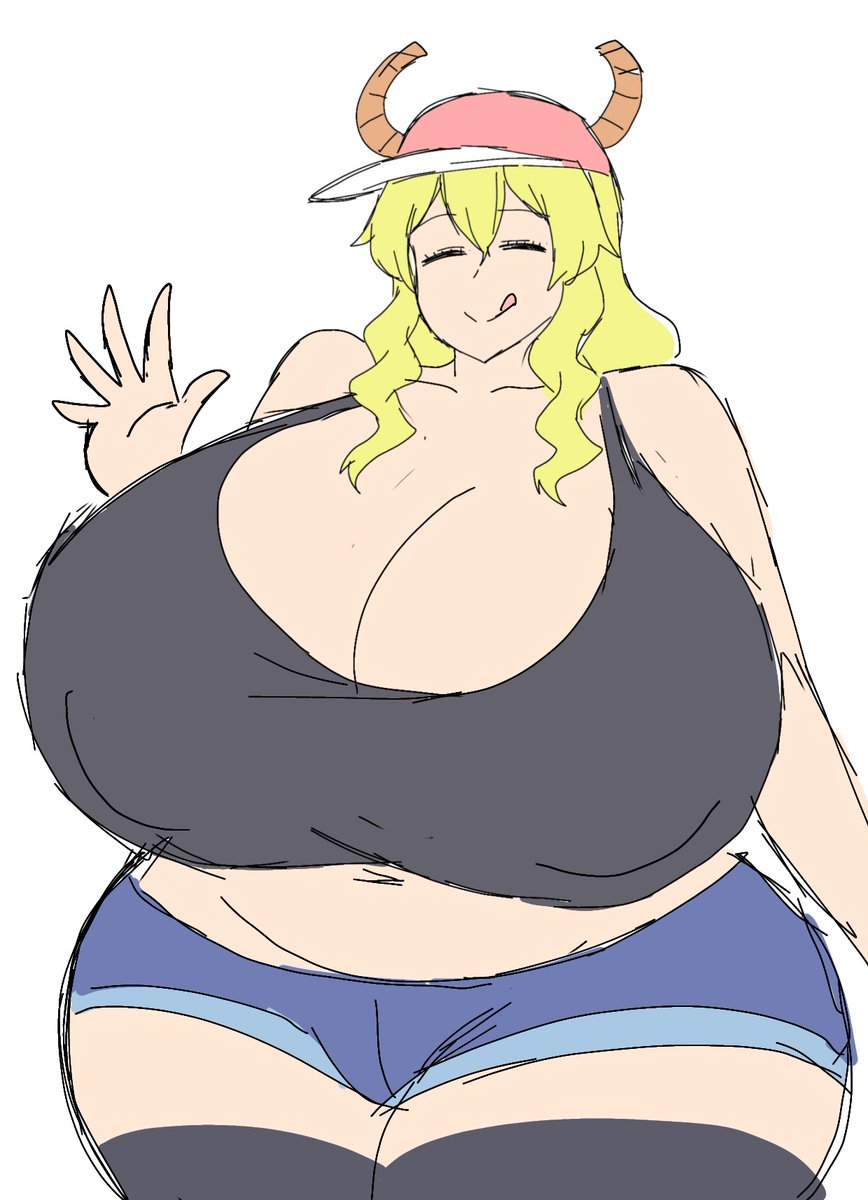 antlers belly big_breasts black_tank_top blonde_hair breasts cap closed_eyes green_hair hand_up hat hips hips_wider_than_shoulders horns jean_shorts large_breasts legwear long_hair lucoa miss_kobayashi's_dragon_maid momiji_(artist) navel quetzalcoatl_(dragon_maid) shorts simple_background smile smiling tank_top tongue tongue_out two_tone_hair white_background wide_hips