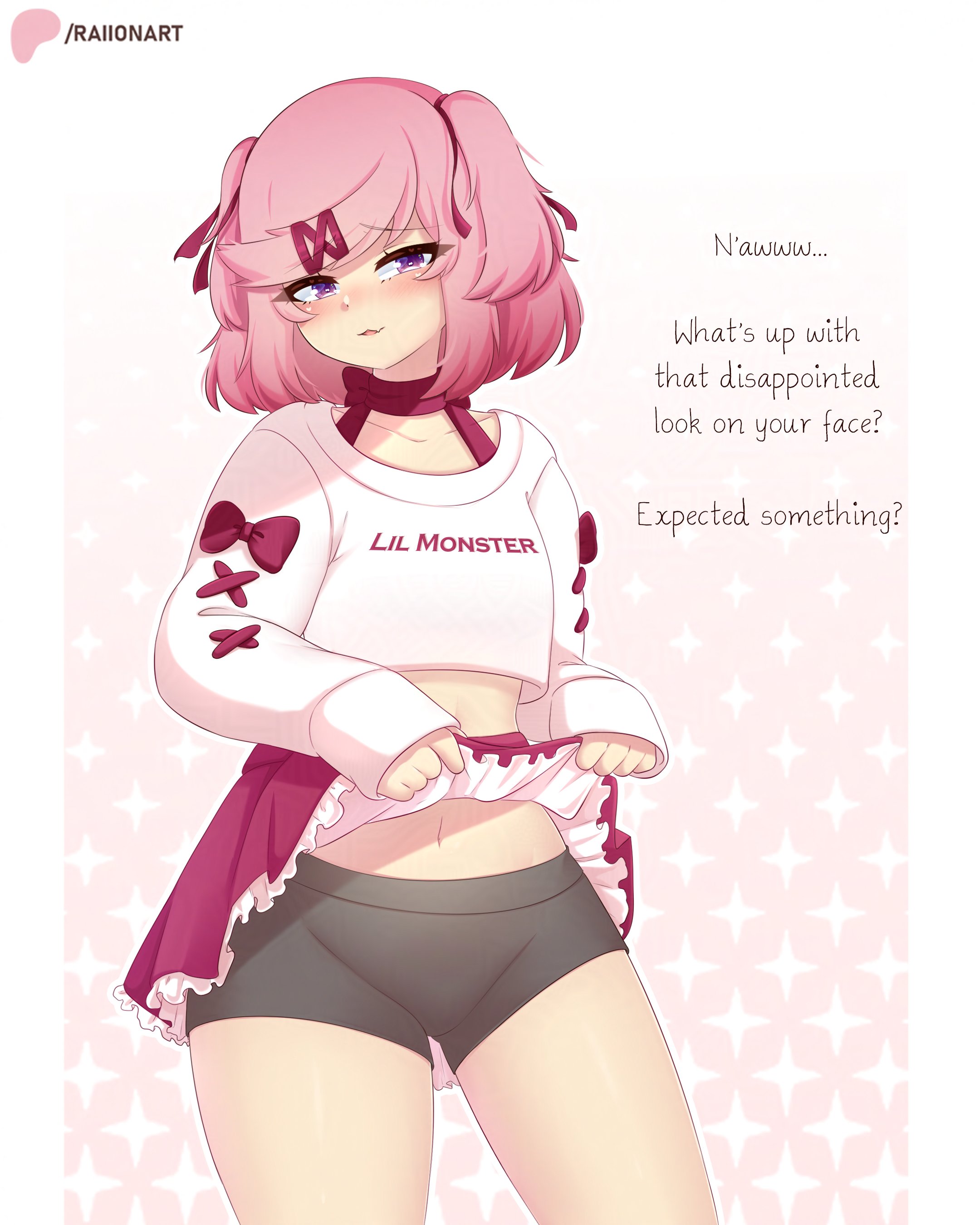:3, 1girls, belly button, black panties, blush, breasts, doki doki literature club, dress, dress lift, english text, female, female only, flat belly, looking at viewer, natsuki (doki doki literature club), pink eyes, pink hair, raionart, short hair, shorts, small breasts, solo, text, thick thighs, thighs, thighs apart