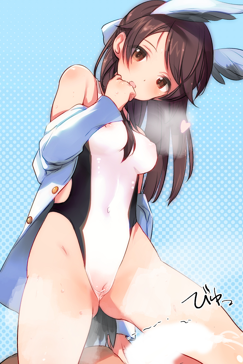 1boy :o ara_ara bar_censor bird_girl bird_tail blush bow brave_witches breasts brown_eyes brown_hair censored covered_nipples cum ejaculation english_commentary female hairbow hand_on_own_chin handjob head_wings heart karibuchi_takami long_hair looking_at_viewer military_uniform navel nipples open_clothes pussy seductive_smile see-through_clothes see-through_one-piece_swimsuit shimada_fumikane small_breasts smile standing_up straight sweat swimsuit swimsuit_under_clothes tail wing_ears wings world_witches_series