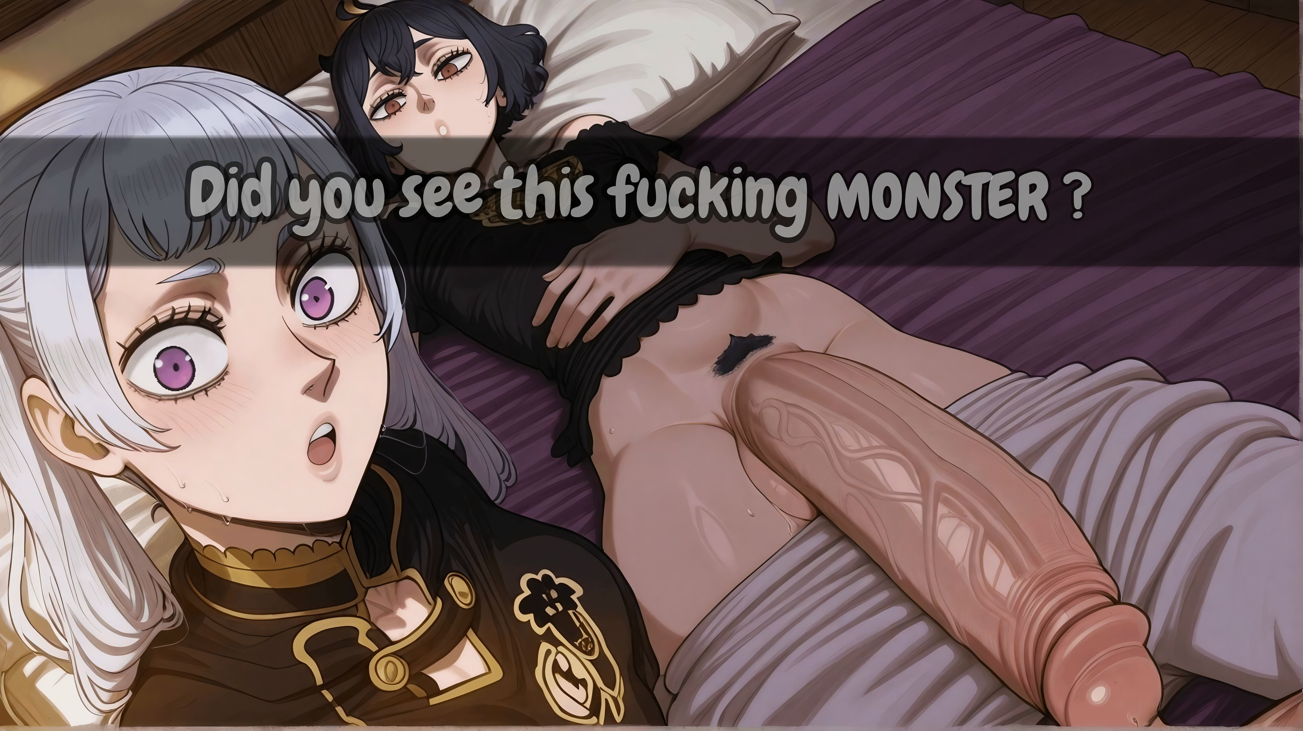 ai generated, big balls, big penis, black clover, blush, english text, futa focus, futa with female, futanari, highres, neptuwaifu, noelle silva, open mouth, penis, pubic hair, secre swallowtail, selfie, uncensored