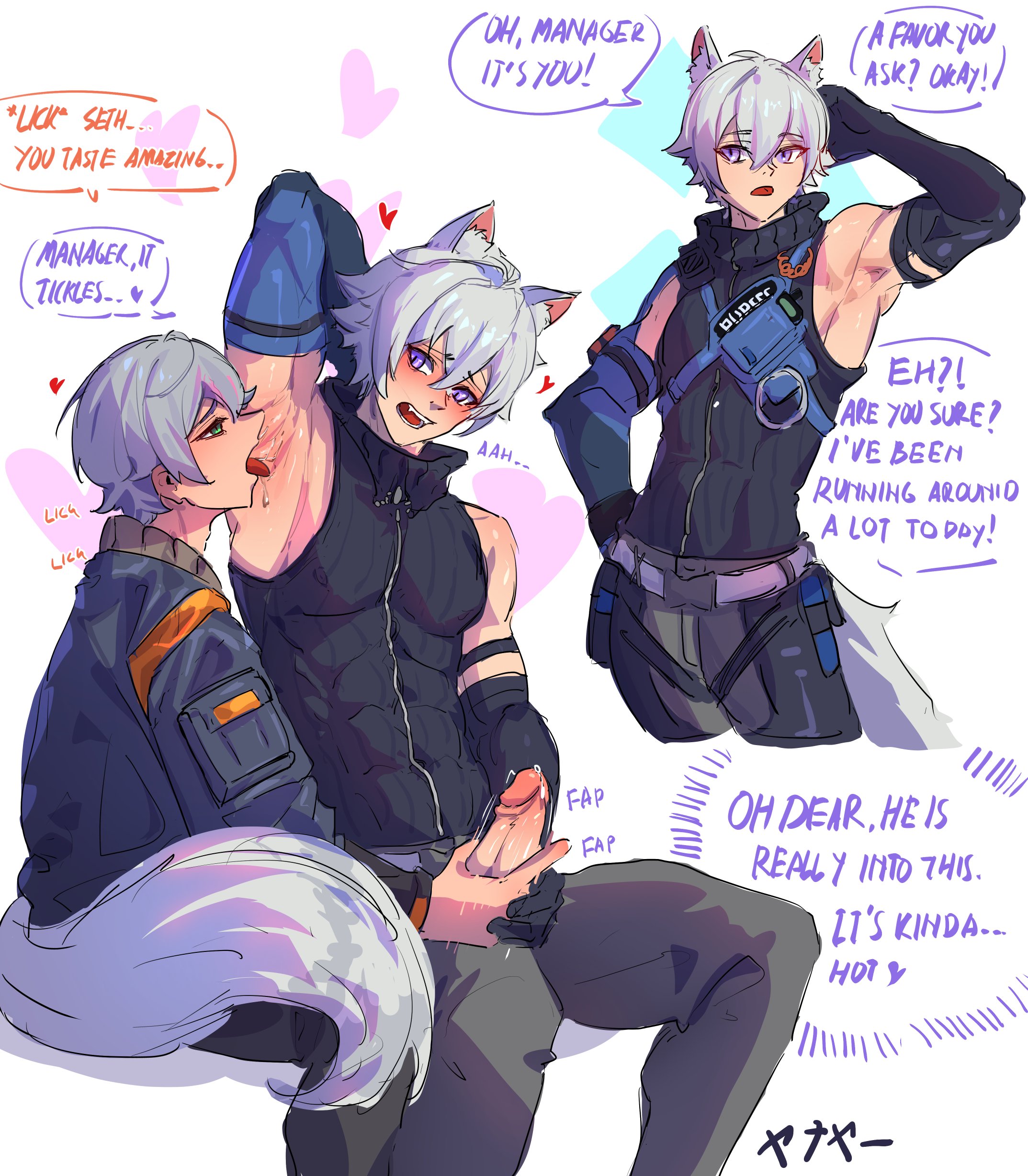 armpits, arms up, breasts, cat boy, cat ears, cat tail, catboy, english text, foreskin, fully retracted foreskin, gay, grey hair, licking armpit, looking at another, male, male only, masturbating other, masturbation, moaning, onomatopoeia, penis, pleasure face, retracted foreskin, seth lowell, sideboob, smelly armpits, sweating, text, text bubble, uncircumcised, wise (zenless zone zero), yanayaa a, zenless zone zero