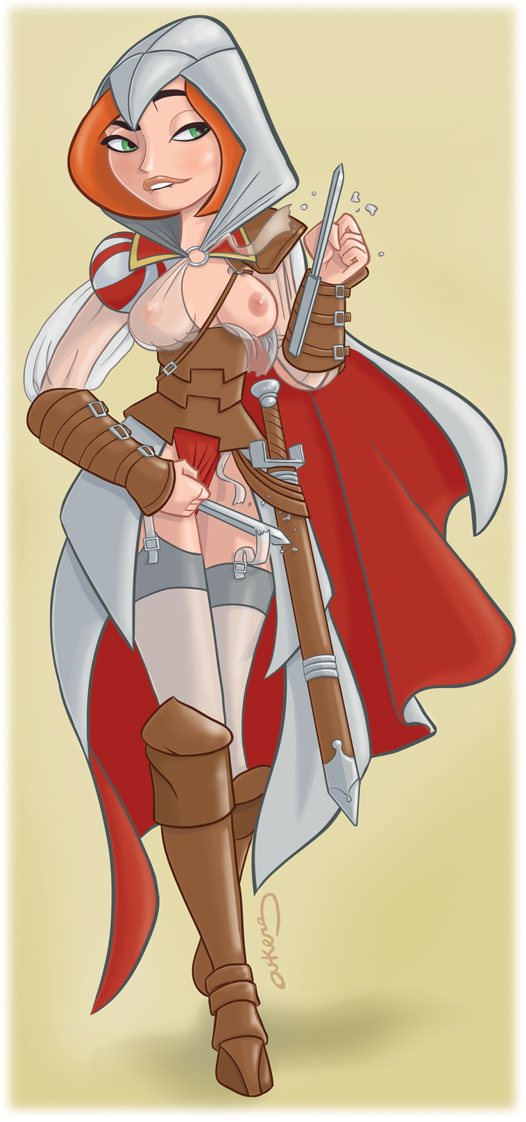 1girls, 2d, ann possible, armor, assassin's creed (series), biting lip, blade, boots, breasts, cape, cosplay, disney, disney channel, ezio auditore da firenze (cosplay), female, female only, garter straps, gauntlets, green eyes, hackman, hidden blade, hood, human, kim possible, leather, medium breasts, nipples, orange hair, see-through, see-through clothing, socks, solo, solo female, source request, straight hair, sword, thigh socks, thighhighs, ubisoft, weapon, white socks