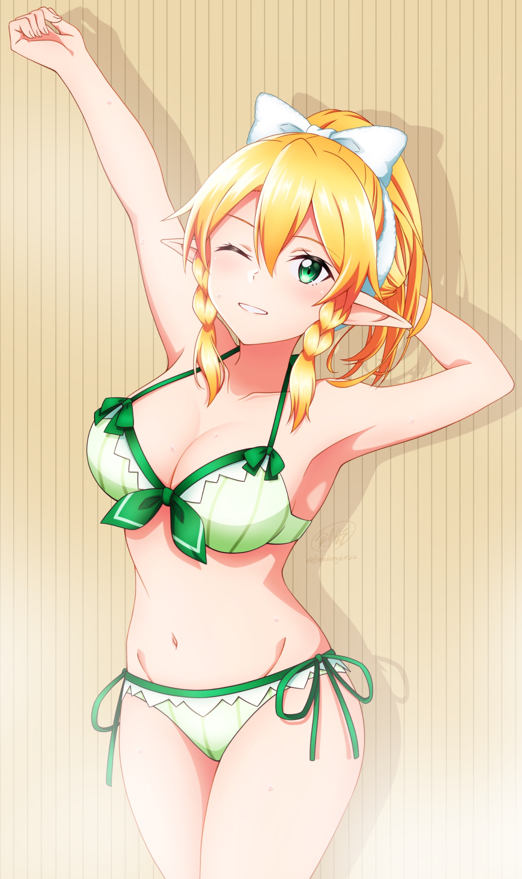 alluring arms_up bikini blonde_hair bow bow_bikini bow_hairband cleavage collarbone commentary_request cowboy_shot female green_bikini green_eyes grin groin hair_between_eyes hairband high_res ken-ji leafa looking_at_viewer medium_breasts navel one_eye_closed pointy_ears signature smile standing steam stomach striped_background sweat swimsuit sword_art_online twitter_username white_bow white_hairband yellow_background