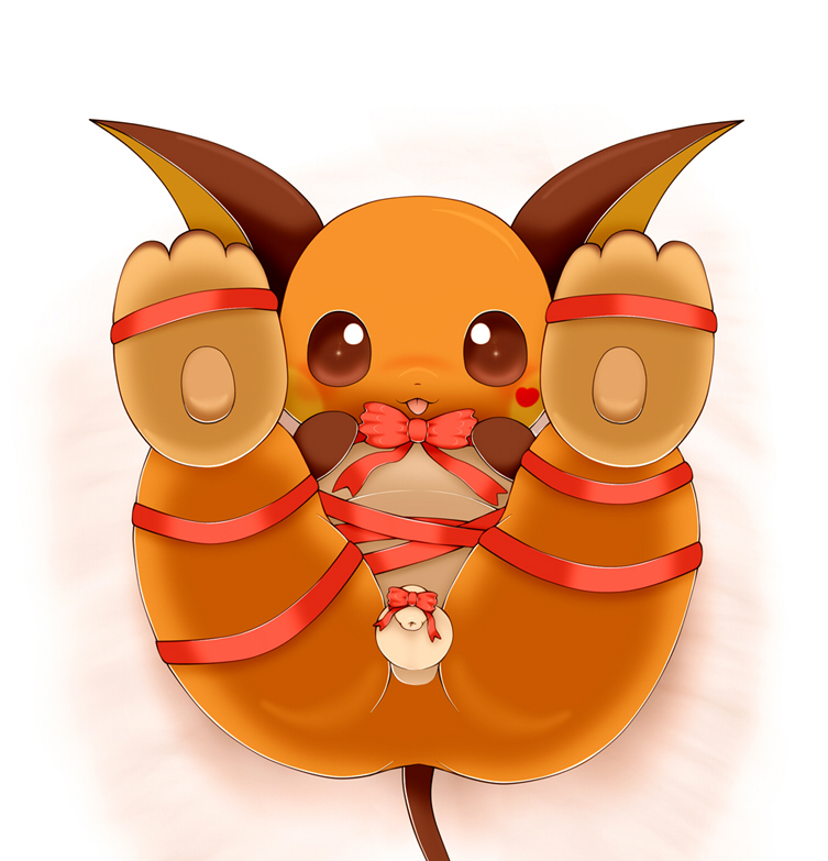 1boy ass balls blush bow hindpaw legs_up looking_at_viewer lying male male_only nintendo on_back paws penis plain_background pokemon pokemon_(species) raichu schnecken solo tongue tongue_out video_games white_background wrapped