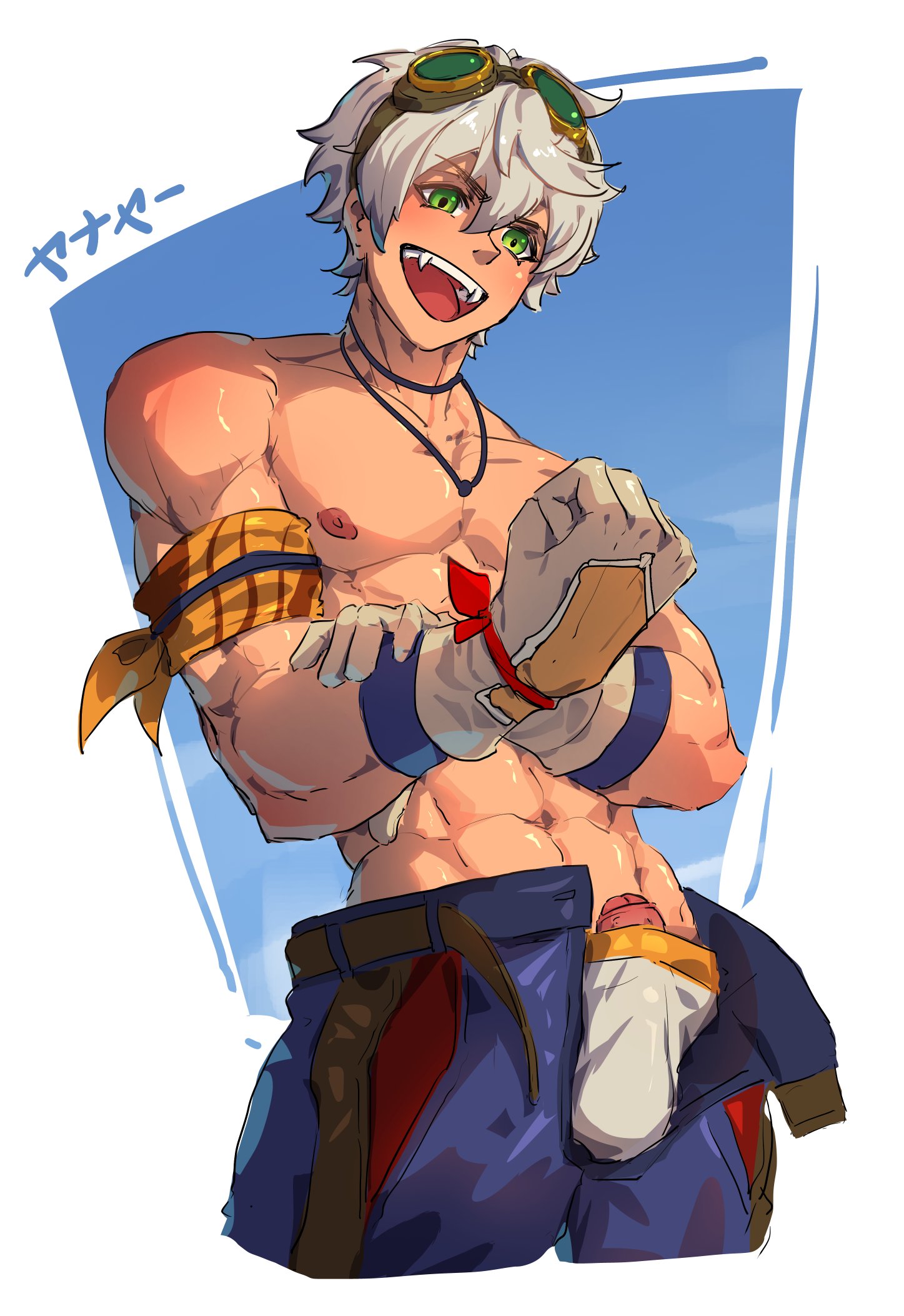 1boy, 2d, bennett (genshin impact), clothing, digital media, fangs, foreskin, genshin impact, gloves, green eyes, grey hair, human, human only, male, male focus, male only, muscular, muscular male, necklace, nipples, open pants, partially clothed, partially retracted foreskin, penis, penis out of underwear, penis tip, retracted foreskin, shirtless, simple background, smile, solo, solo male, standing, uncircumcised, yanayaa a