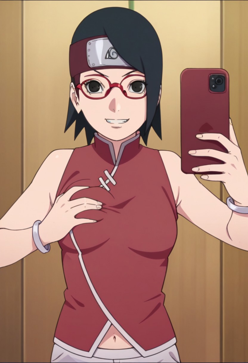 aged_up ai_generated ass bigmic145 black_hair boruto:_naruto_next_generations breasts dress female female_only glasses groping_breasts medium_breasts naruto naruto_(series) navel pants sakura_haruno sakura_haruno_(cosplay) sarada_uchiha selfie trying_on_clothes