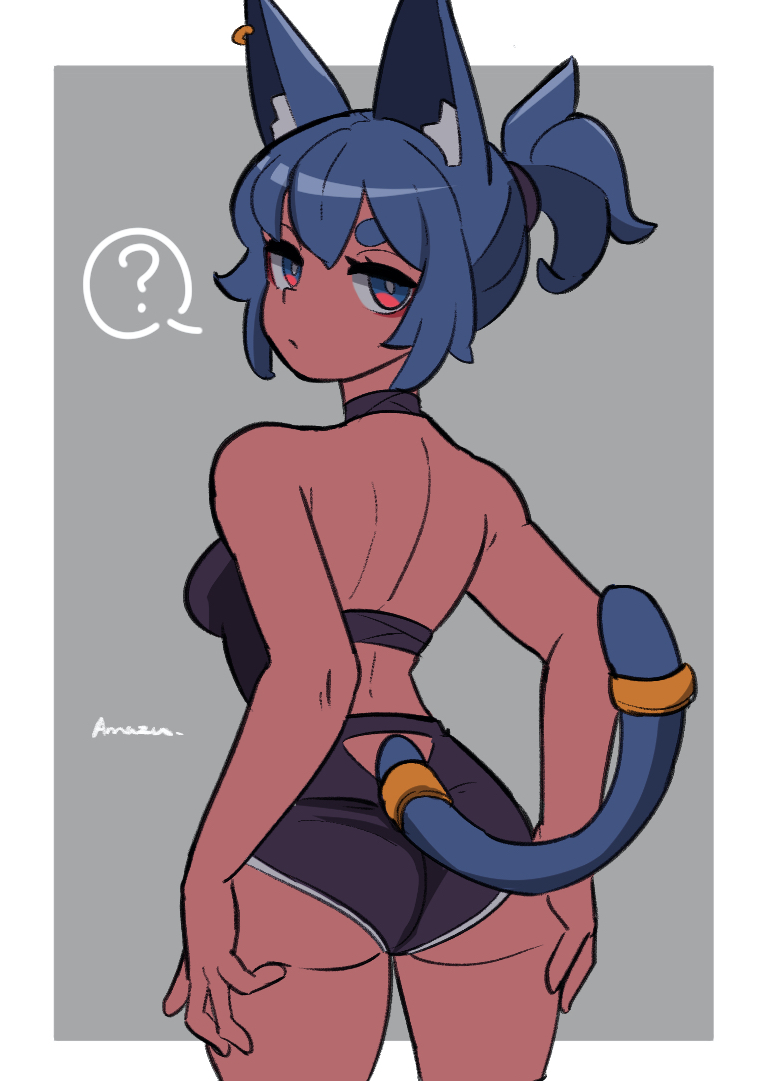 1girls ? amazu_(kurozu) animal_ear_fluff animal_ears aoi_(amazu) ass backless_leotard bare_arms bare_shoulders black_leotard blue_eyes blue_hair breasts cat_ears cat_girl cat_tail closed_mouth dark-skinned_female dark_skin ear_piercing eyebrows_hidden_by_hair from_behind grey_background leotard looking_at_viewer looking_back original piercing ponytail short_eyebrows signature small_breasts solo spoken_question_mark tail thick_eyebrows two-tone_background white_background