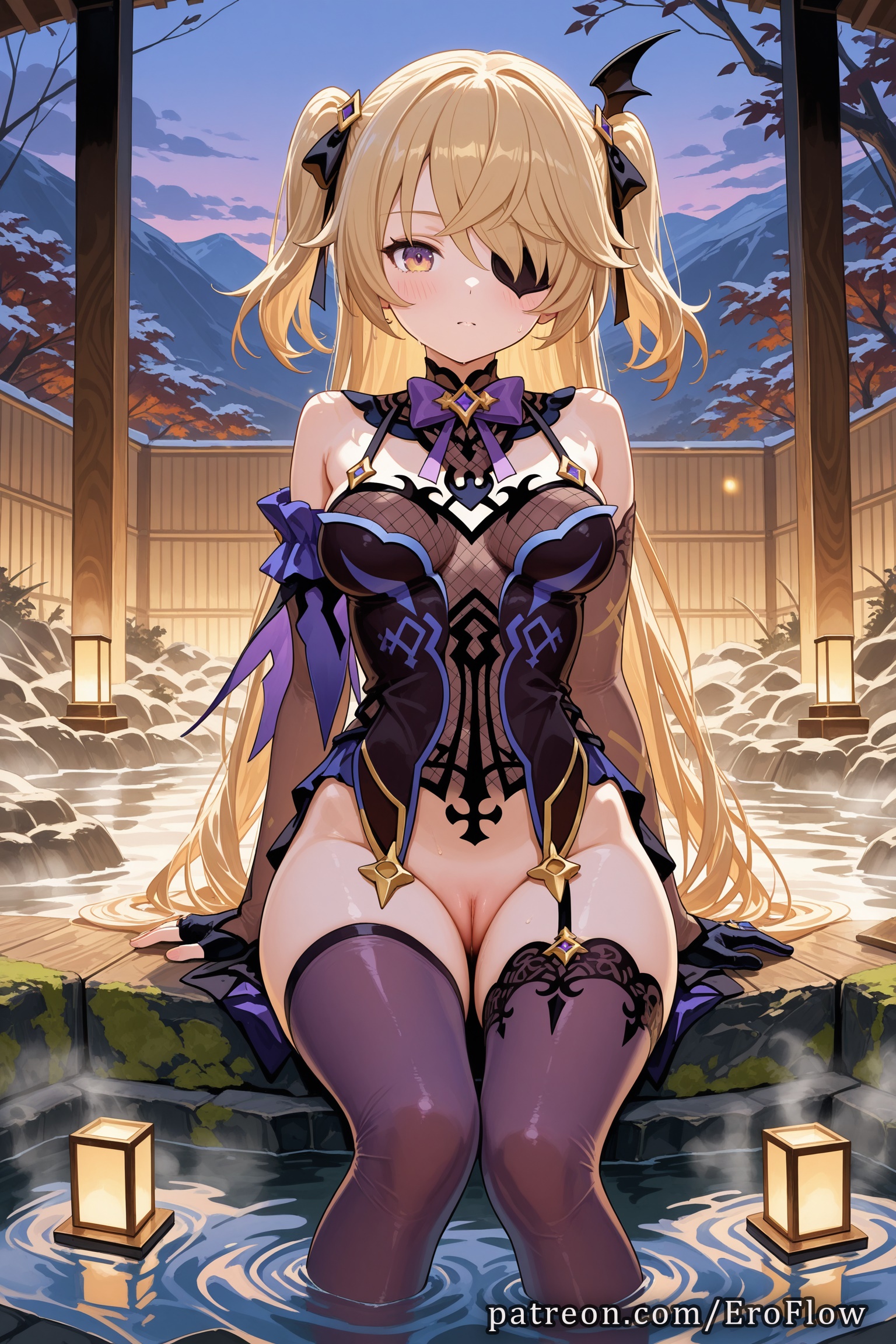 1girls, 2025, ai generated, bangs, bare shoulders, black thighhighs, blonde hair, blush, bottomless, bow, bowtie, breasts, cleft of venus, closed mouth, dress, eroflow, eyepatch, female, fischl (ein immernachtstraum) (genshin impact), fischl (genshin impact), garter straps, genitals, genshin impact, gloves, green eyes, hair ornament, hair over one eye, hair ribbon, hi res, highres, hoyoverse, long hair, looking at viewer, medium breasts, mihoyo, mihoyo technology (shanghai) co. ltd., no panties, onsen, outdoors, patreon, purple bowtie, pussy, pussy juice, ribbon, single thighhigh, sitting, soaking feet, solo, thighhighs, thighs, tight pussy, two side up, voluptuous, voluptuous female, water